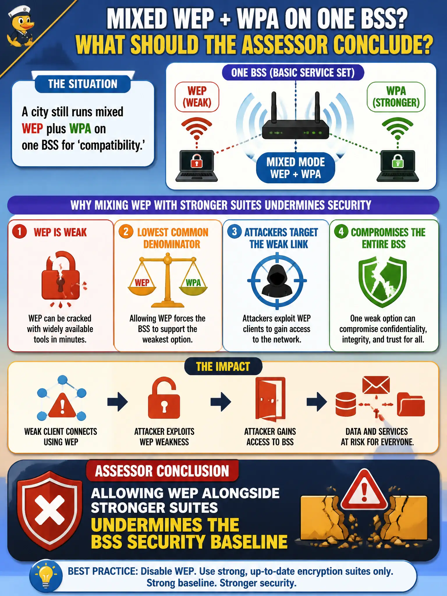 To Create an exciting colorful infographic that explains the concepts in the question: Question: A city still runs mixed WEP plus WPA on one BSS for 'compatibility.' What should the assessor conclude about that baseline? Correct Answer: Allowing WEP alongside stronger suites undermines the BSS security baseline Put EVERY visible label in double quotes. No people. No A/B/C/D letters. In one of the four corners put a little "Navy Duck".