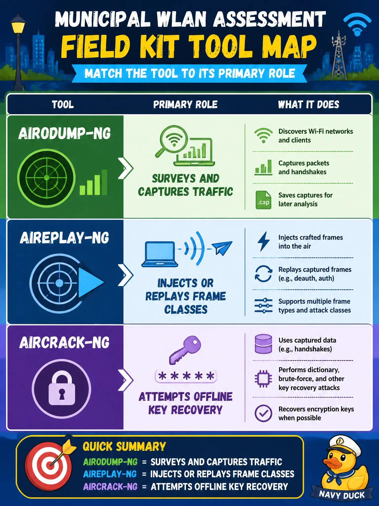 To Create an exciting colorful infographic that explains the concepts in the question: Question: A field kit for a municipal WLAN assessment lists airodump-ng, aireplay-ng, and aircrack-ng. How should the assessor map each tool to its primary role? Correct Answer: airodump-ng surveys and captures traffic; aireplay-ng injects or replays frame classes; aircrack-ng attempts offline key recovery Put EVERY visible label in double quotes. No people. No A/B/C/D letters. In one of the four corners put a little "Navy Duck".