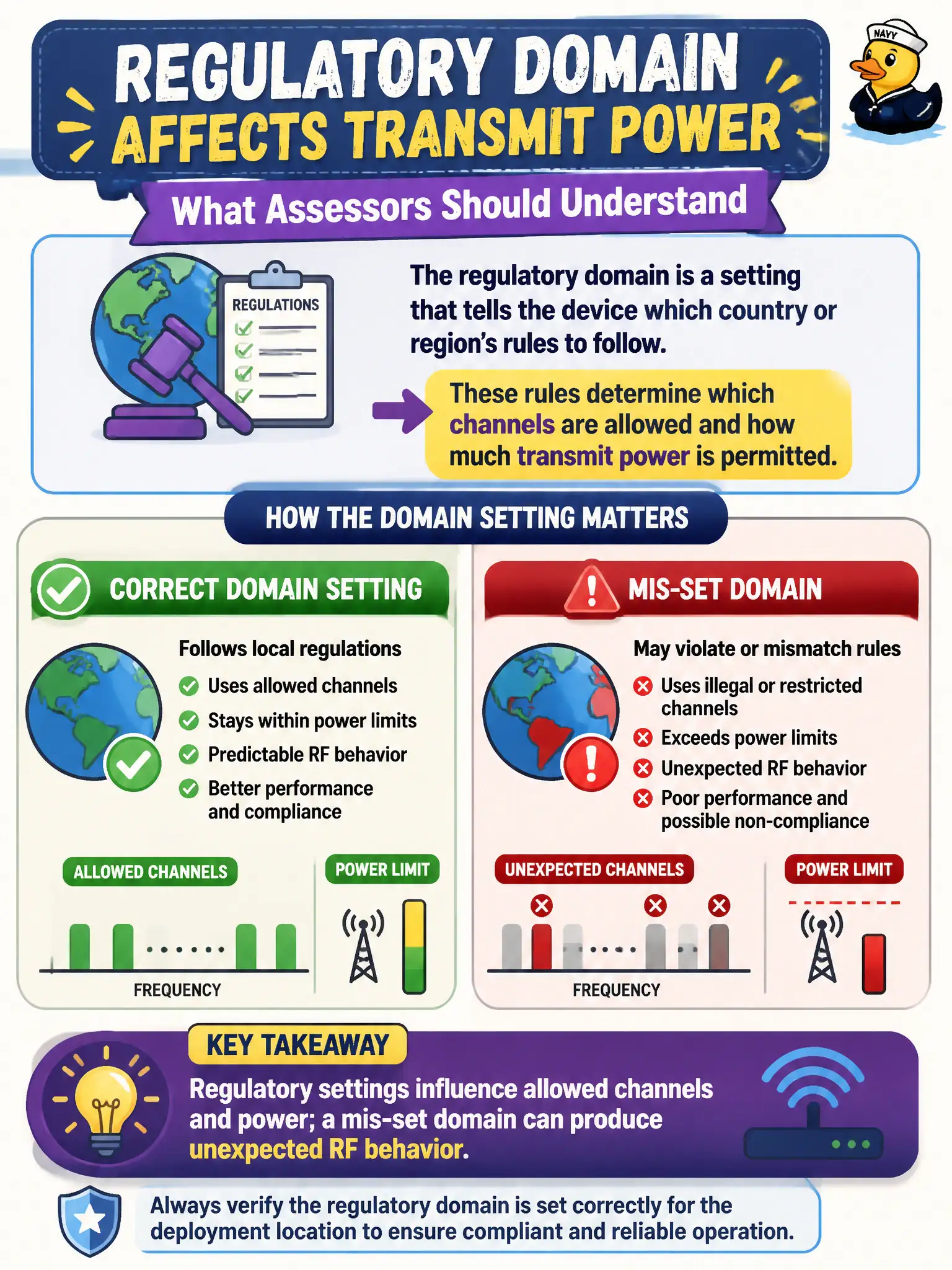 To Create an exciting colorful infographic that explains the concepts in the question: Question: A municipal playbook mentions that the regulatory domain affects transmit power. What should assessors understand about that setting? Correct Answer: Regulatory settings influence allowed channels and power; a mis-set domain can produce unexpected RF behavior Put EVERY visible label in double quotes. No people. No A/B/C/D letters. In one of the four corners put a little "Navy Duck".