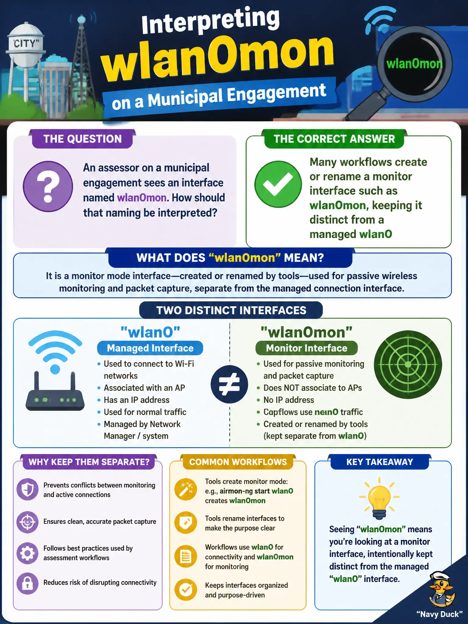 To Create an exciting colorful infographic that explains the concepts in the question: Question: An assessor on a municipal engagement sees an interface named wlan0mon. How should that naming be interpreted? Correct Answer: Many workflows create or rename a monitor interface such as wlan0mon, keeping it distinct from a managed wlan0 Put EVERY visible label in double quotes. No people. No A/B/C/D letters. In one of the four corners put a little "Navy Duck".