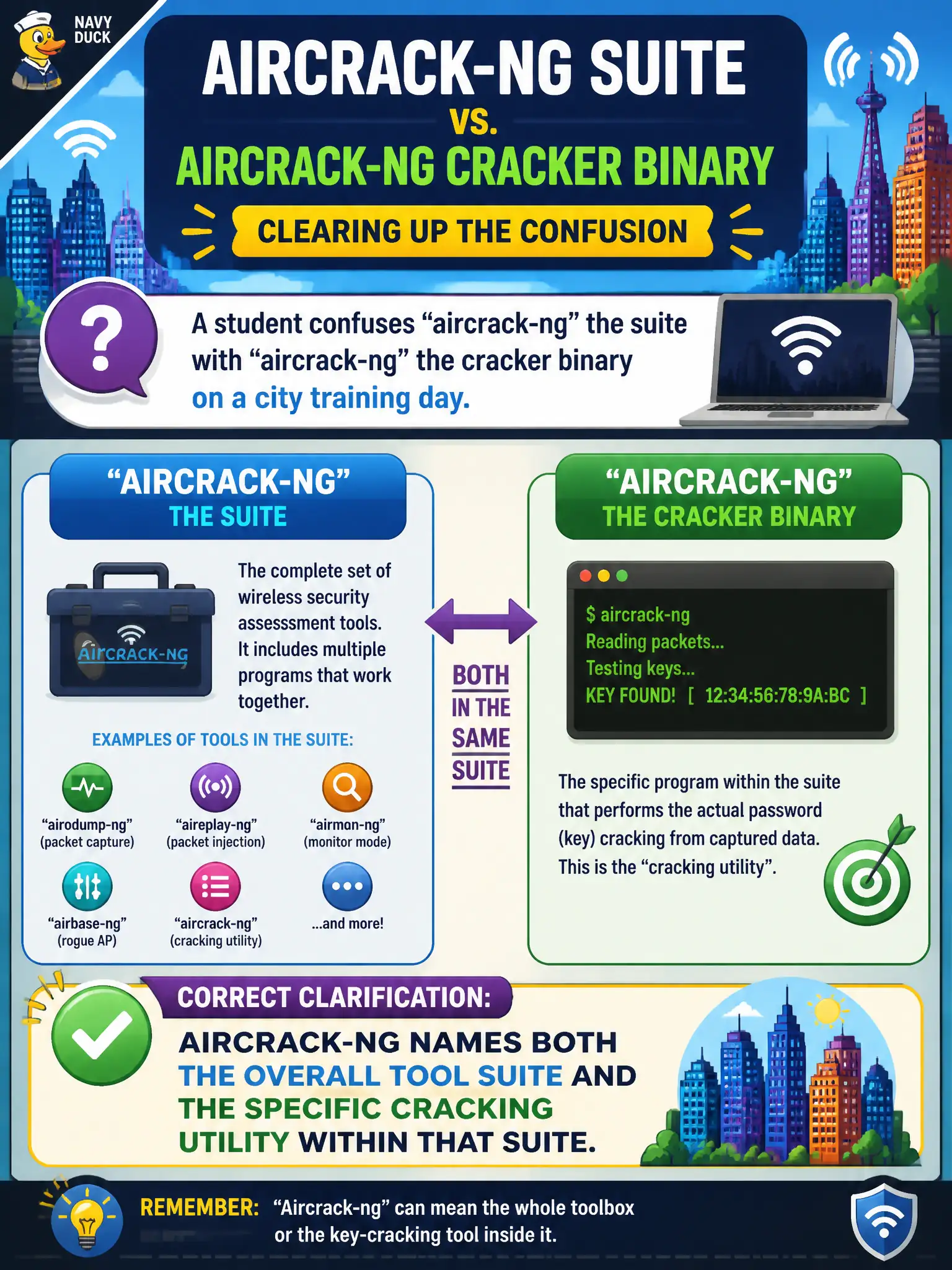 To Create an exciting colorful infographic that explains the concepts in the question: Question: A student confuses “aircrack-ng” the suite with “aircrack-ng” the cracker binary on a city training day. What clarification is correct? Correct Answer: Aircrack-ng names both the overall tool suite and the specific cracking utility within that suite Put EVERY visible label in double quotes. No people. No A/B/C/D letters. In one of the four corners put a little "Navy Duck".