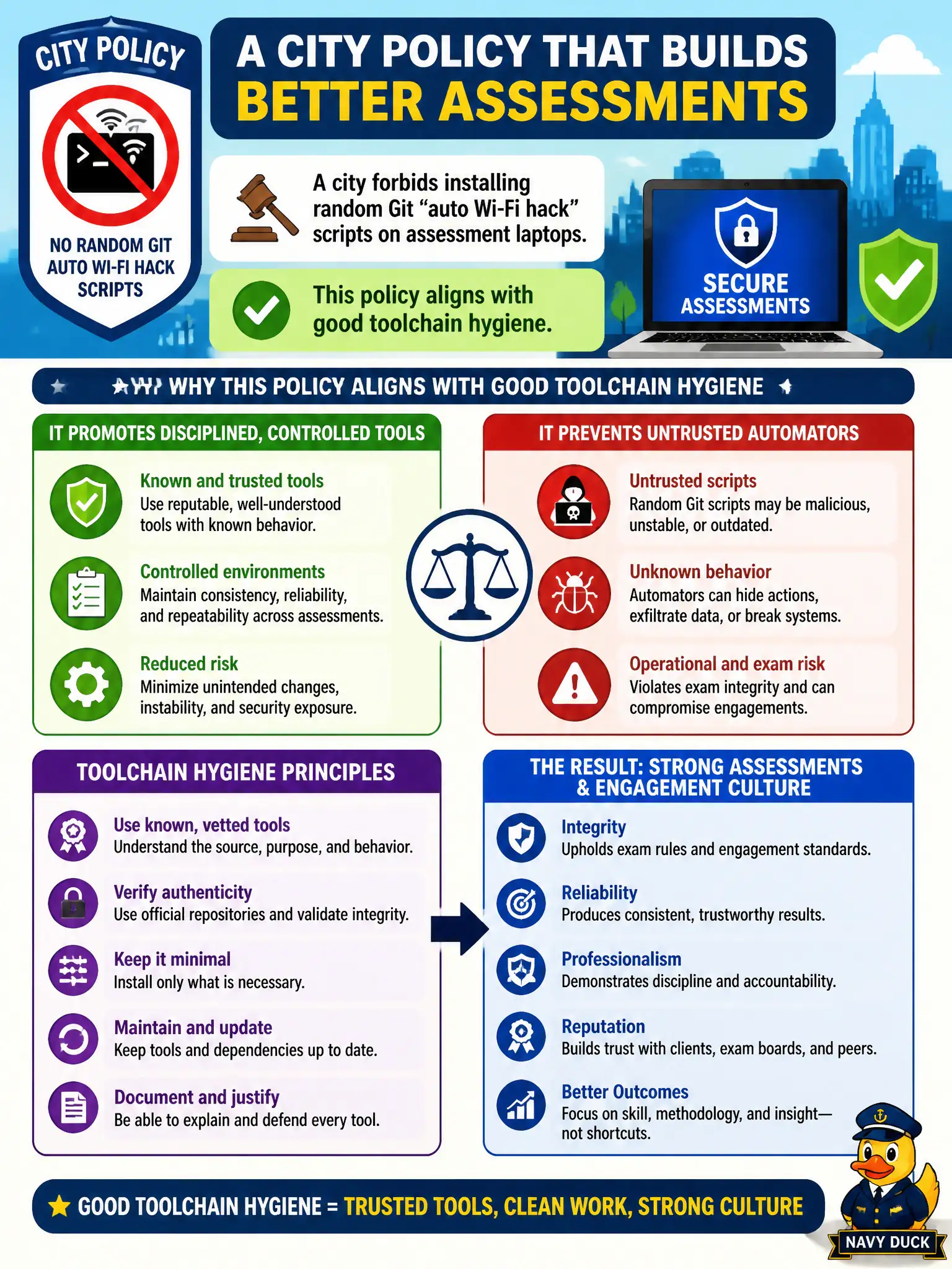 To Create an exciting colorful infographic that explains the concepts in the question: Question: A city forbids installing random Git “auto Wi-Fi hack” scripts on assessment laptops. How does that policy align with good toolchain hygiene? Correct Answer: Assessors should use known, controlled tools and avoid untrusted automators—consistent with disciplined exam and engagement culture Put EVERY visible label in double quotes. No people. No A/B/C/D letters. In one of the four corners put a little "Navy Duck".