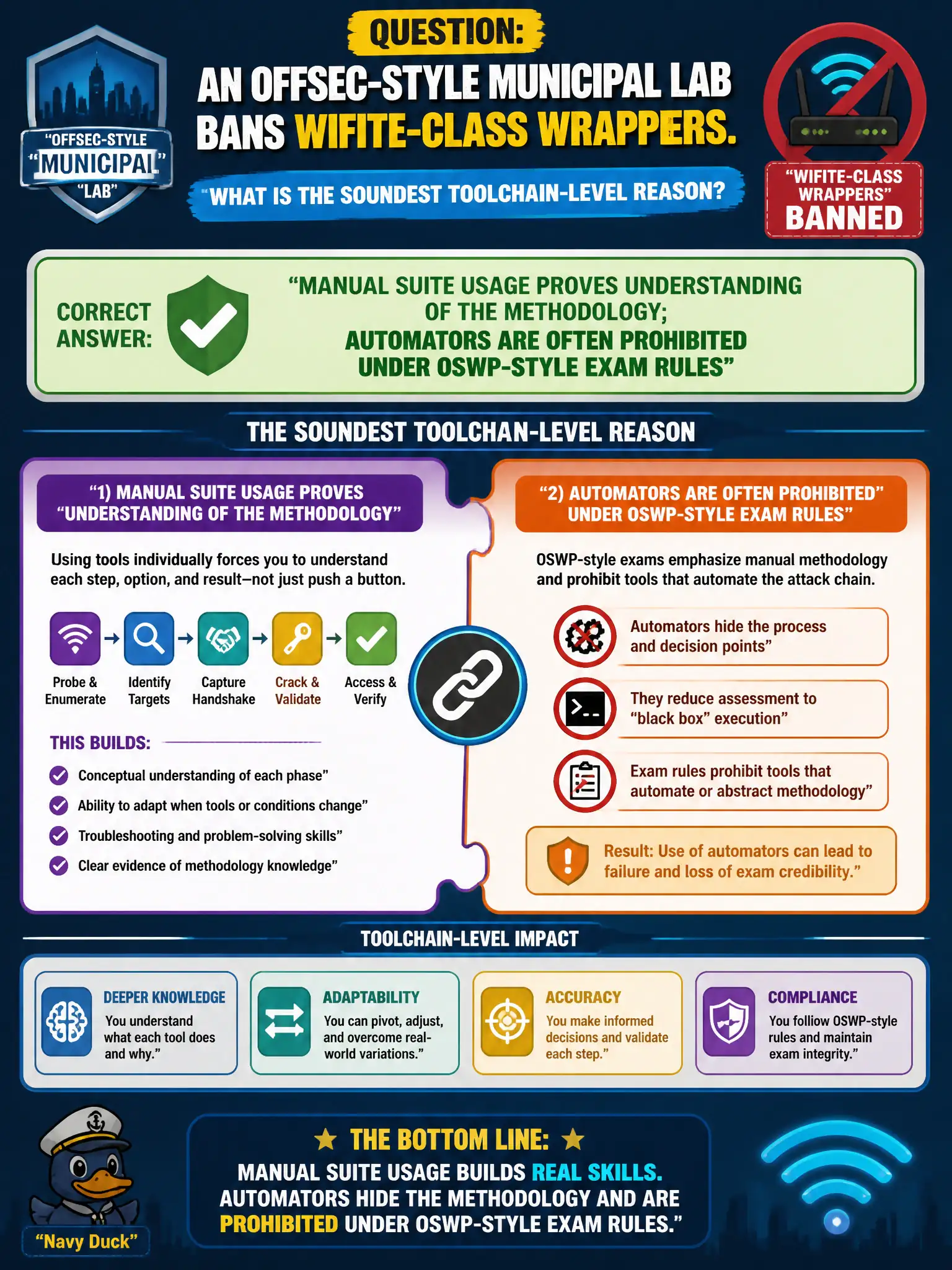 To Create an exciting colorful infographic that explains the concepts in the question: Question: An OffSec-style municipal lab bans wifite-class wrappers. What is the soundest toolchain-level reason? Correct Answer: Manual suite usage proves understanding of the methodology; automators are often prohibited under OSWP-style exam rules Put EVERY visible label in double quotes. No people. No A/B/C/D letters. In one of the four corners put a little "Navy Duck".