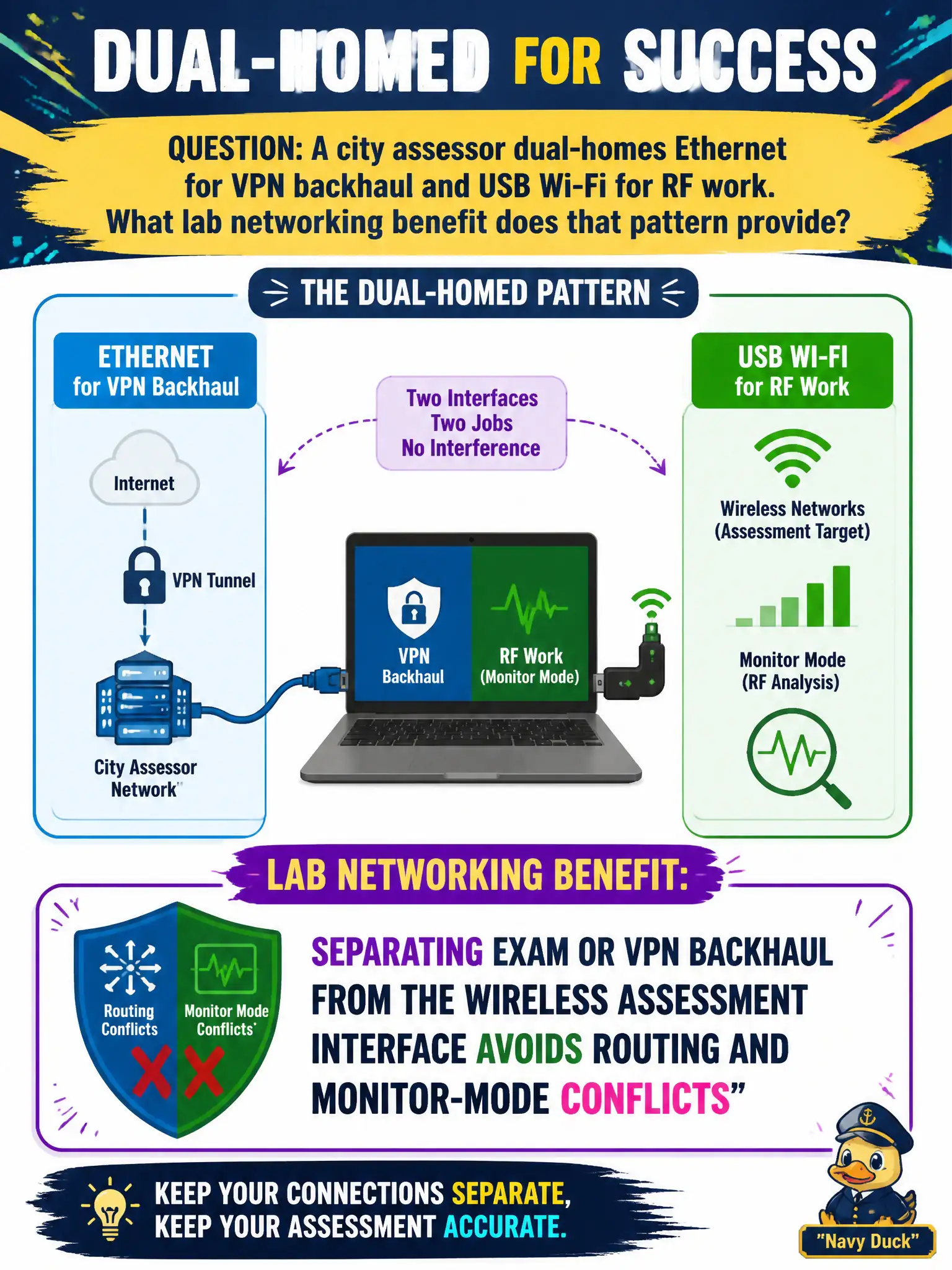 To Create an exciting colorful infographic that explains the concepts in the question: Question: A city assessor dual-homes Ethernet for VPN backhaul and USB Wi-Fi for RF work. What lab networking benefit does that pattern provide? Correct Answer: Separating exam or VPN backhaul from the wireless assessment interface avoids routing and monitor-mode conflicts Put EVERY visible label in double quotes. No people. No A/B/C/D letters. In one of the four corners put a little "Navy Duck".