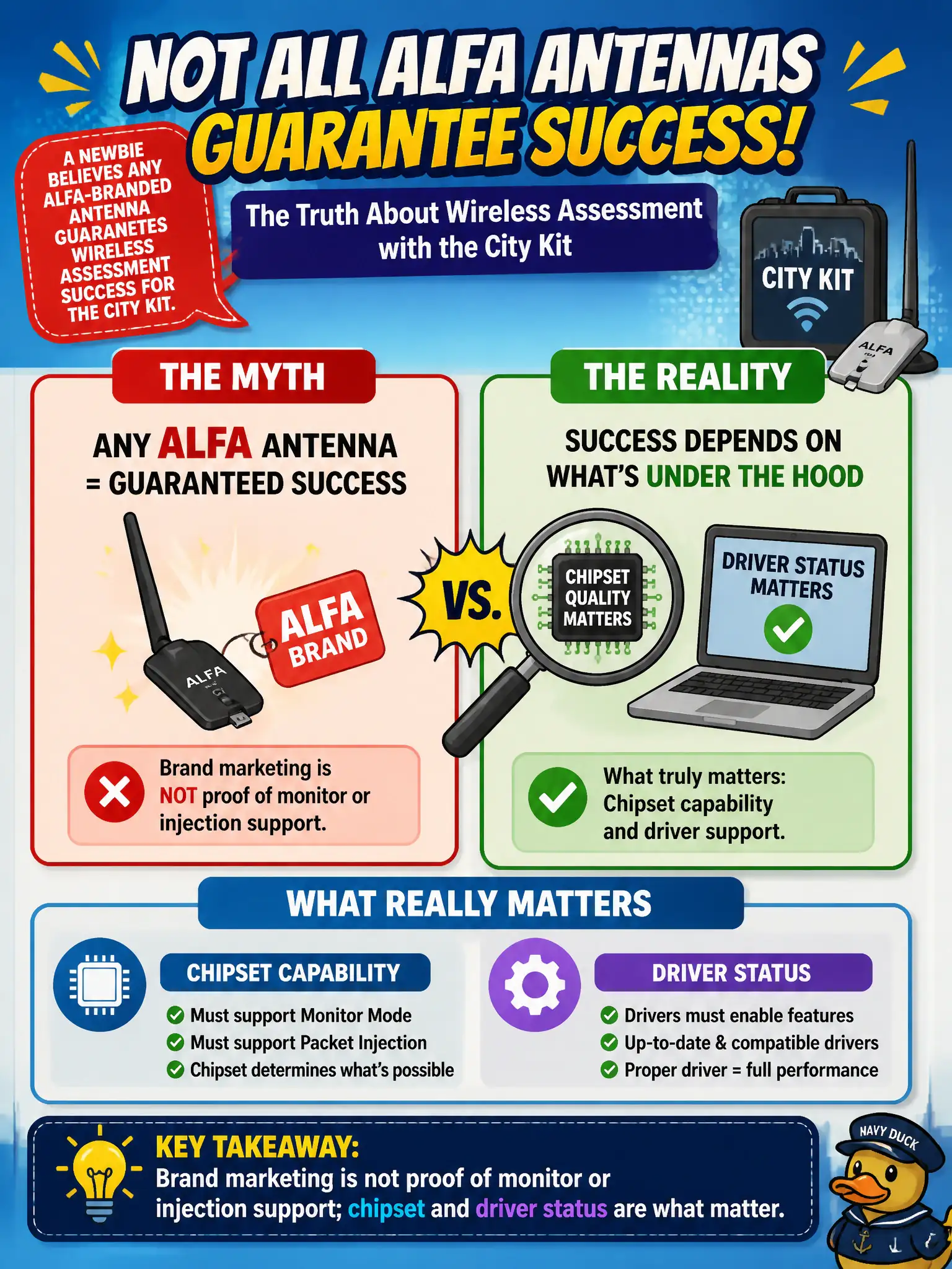 To Create an exciting colorful infographic that explains the concepts in the question: Question: A newbie believes any Alfa-branded antenna guarantees wireless assessment success for the city kit. What correction is most accurate? Correct Answer: Brand marketing is not proof of monitor or injection support; chipset and driver status are what matter Put EVERY visible label in double quotes. No people. No A/B/C/D letters. In one of the four corners put a little "Navy Duck".