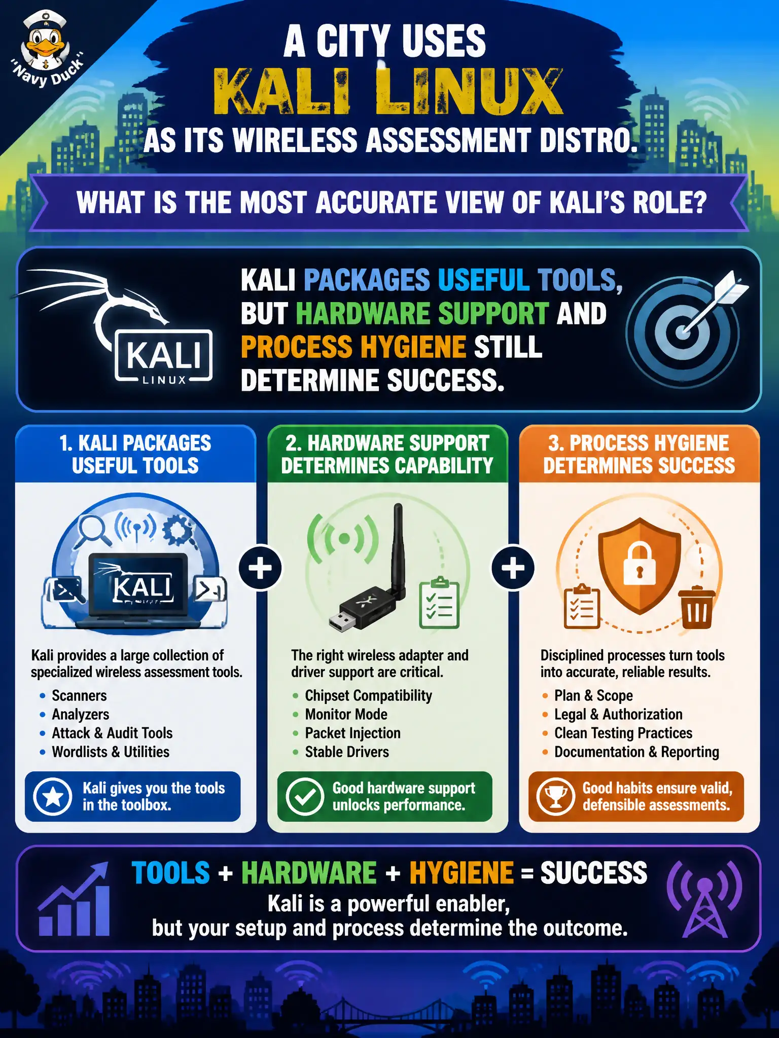 To Create an exciting colorful infographic that explains the concepts in the question: Question: A city uses Kali Linux as its wireless assessment distro. What is the most accurate view of Kali’s role? Correct Answer: Kali packages useful tools, but hardware support and process hygiene still determine success. Put EVERY visible label in double quotes. No people. No A/B/C/D letters. In one of the four corners put a little "Navy Duck".