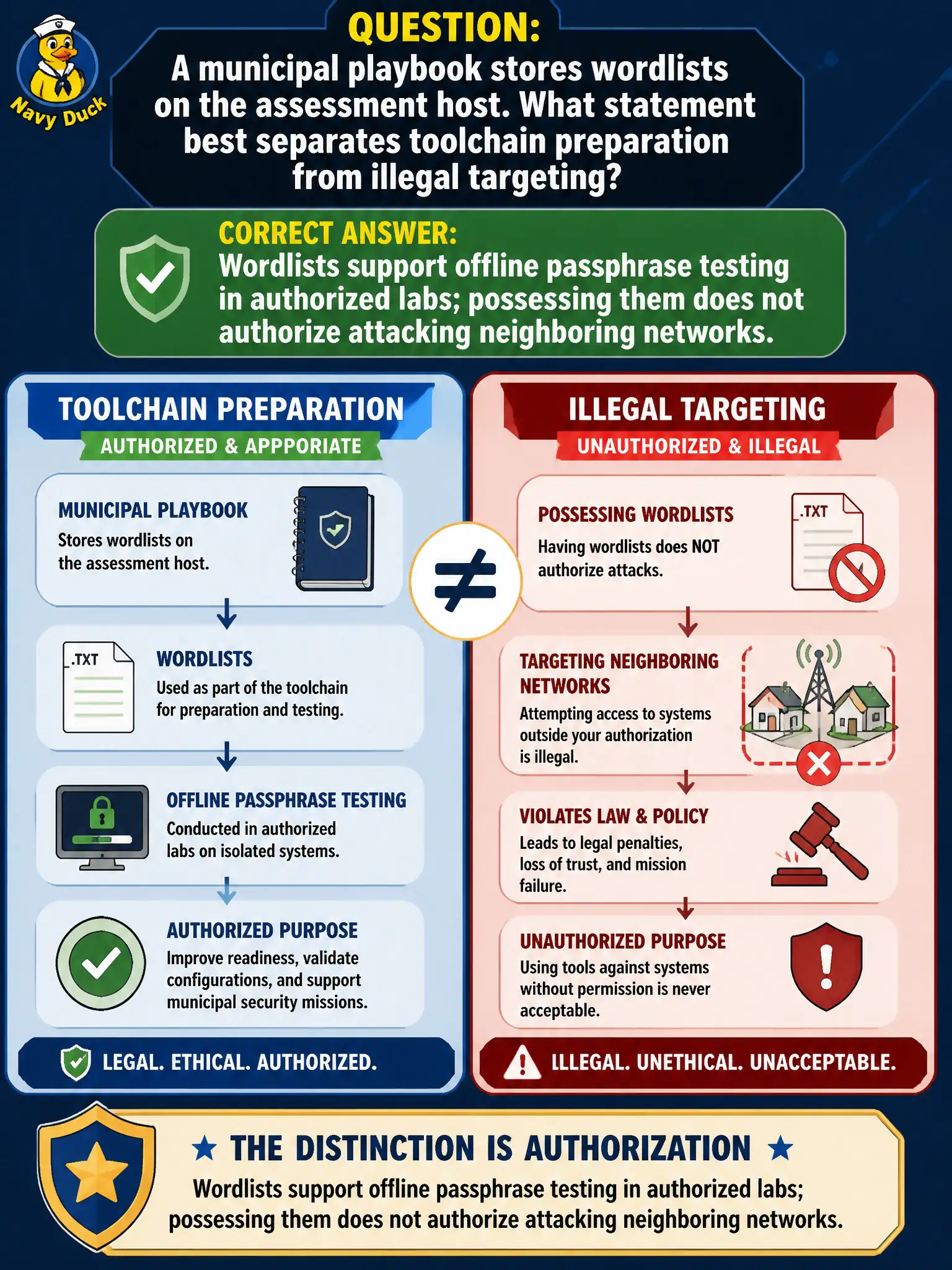 To Create an exciting colorful infographic that explains the concepts in the question: Question: A municipal playbook stores wordlists on the assessment host. What statement best separates toolchain preparation from illegal targeting? Correct Answer: Wordlists support offline passphrase testing in authorized labs; possessing them does not authorize attacking neighboring networks. Put EVERY visible label in double quotes. No people. No A/B/C/D letters. In one of the four corners put a little "Navy Duck".