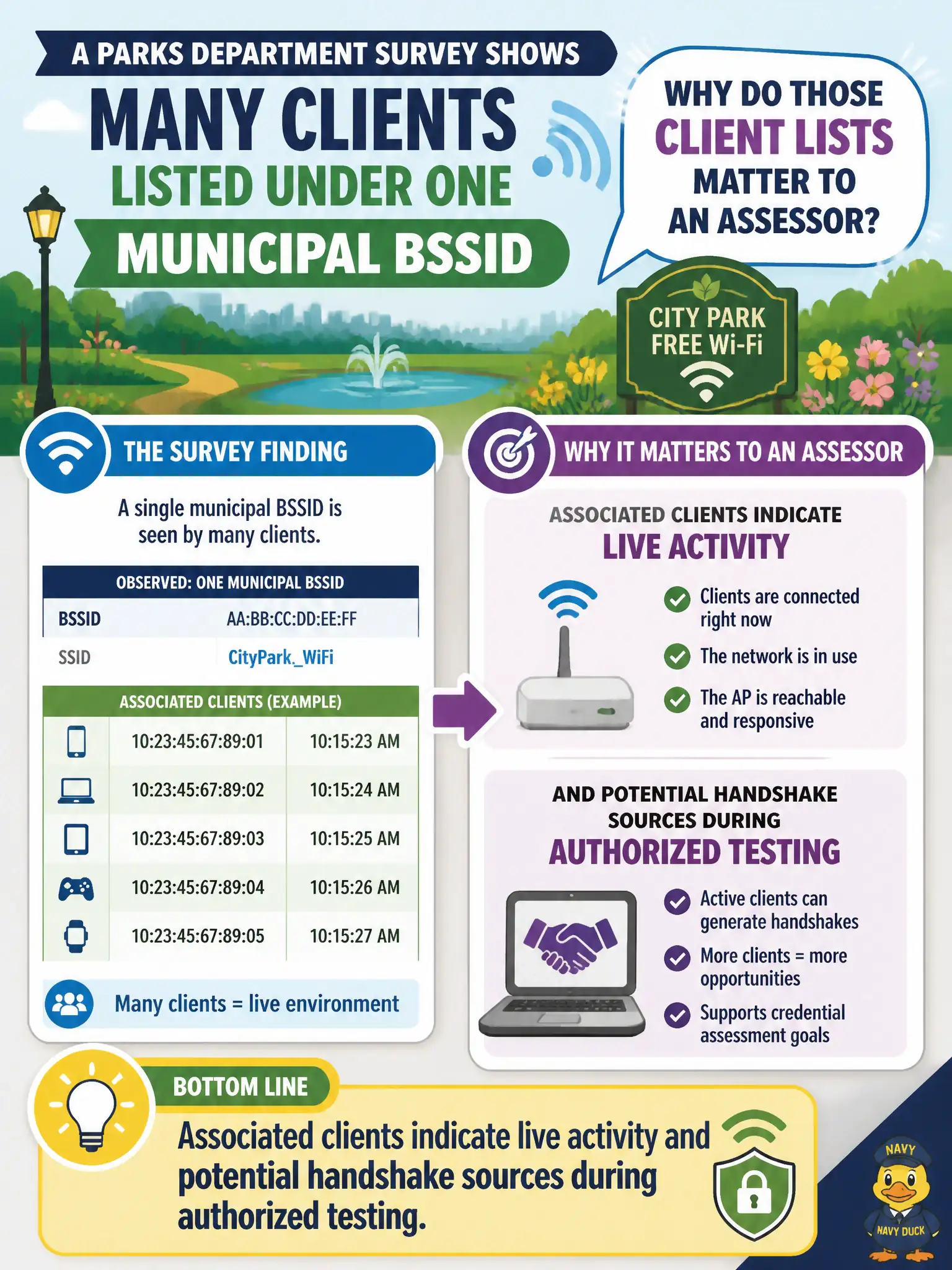 To Create an exciting colorful infographic that explains the concepts in the question: Question: A parks department survey shows many clients listed under one municipal BSSID. Why do those client lists matter to an assessor? Correct Answer: Associated clients indicate live activity and potential handshake sources during authorized testing. Put EVERY visible label in double quotes. No people. No A/B/C/D letters. In one of the four corners put a little "Navy Duck".