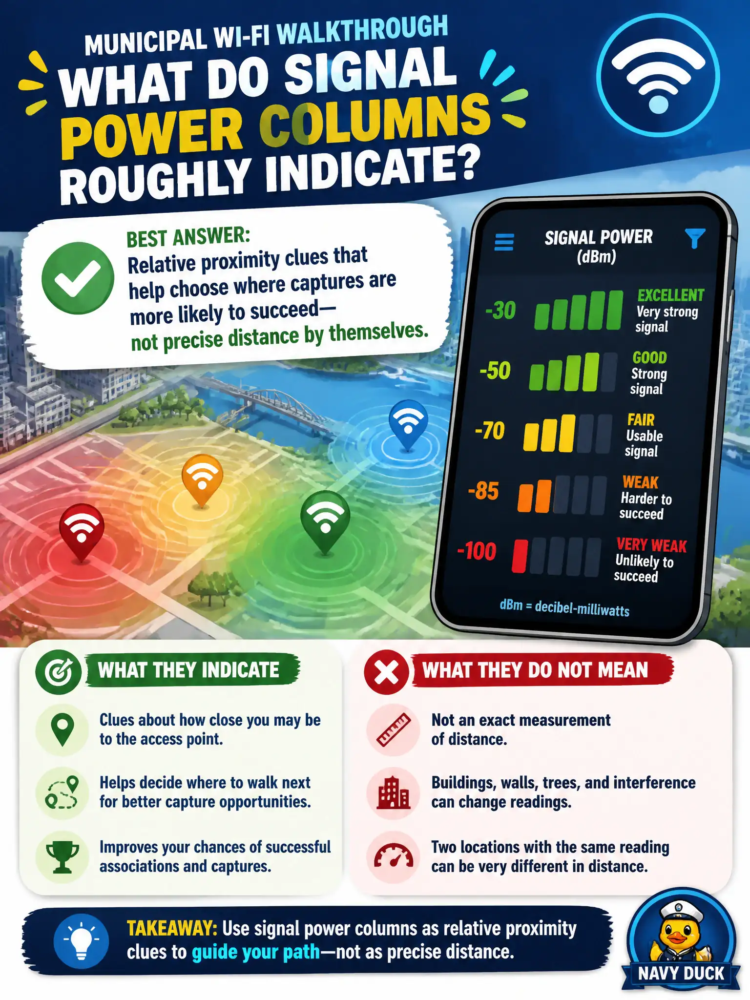 To Create an exciting colorful infographic that explains the concepts in the question: Question: A city asks what signal power columns roughly indicate during a municipal Wi-Fi walkthrough. What is the best answer? Correct Answer: Relative proximity clues that help choose where captures are more likely to succeed—not precise distance by themselves. Put EVERY visible label in double quotes. No people. No A/B/C/D letters. In one of the four corners put a little "Navy Duck".