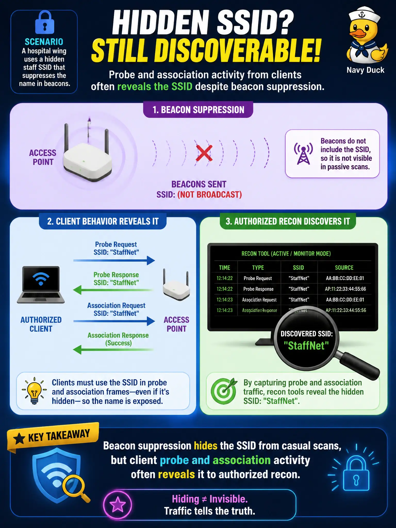 To Create an exciting colorful infographic that explains the concepts in the question: Question: A hospital wing uses a hidden staff SSID that suppresses the name in beacons. How can authorized recon still discover it? Correct Answer: Probe and association activity from clients often reveals the SSID despite beacon suppression. Put EVERY visible label in double quotes. No people. No A/B/C/D letters. In one of the four corners put a little "Navy Duck".