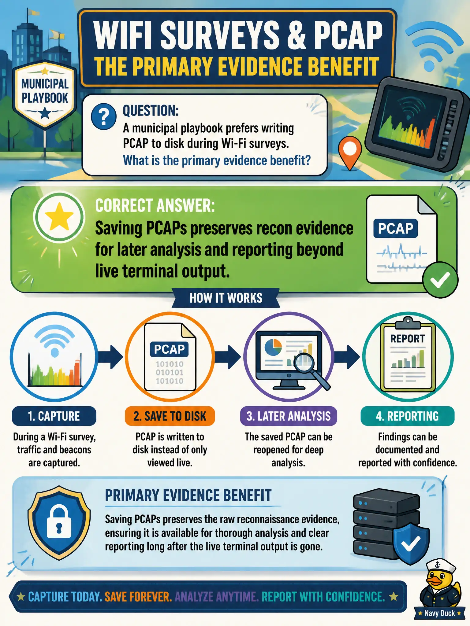 To Create an exciting colorful infographic that explains the concepts in the question: Question: A municipal playbook prefers writing PCAP to disk during Wi-Fi surveys. What is the primary evidence benefit? Correct Answer: Saving PCAPs preserves recon evidence for later analysis and reporting beyond live terminal output. Put EVERY visible label in double quotes. No people. No A/B/C/D letters. In one of the four corners put a little "Navy Duck".