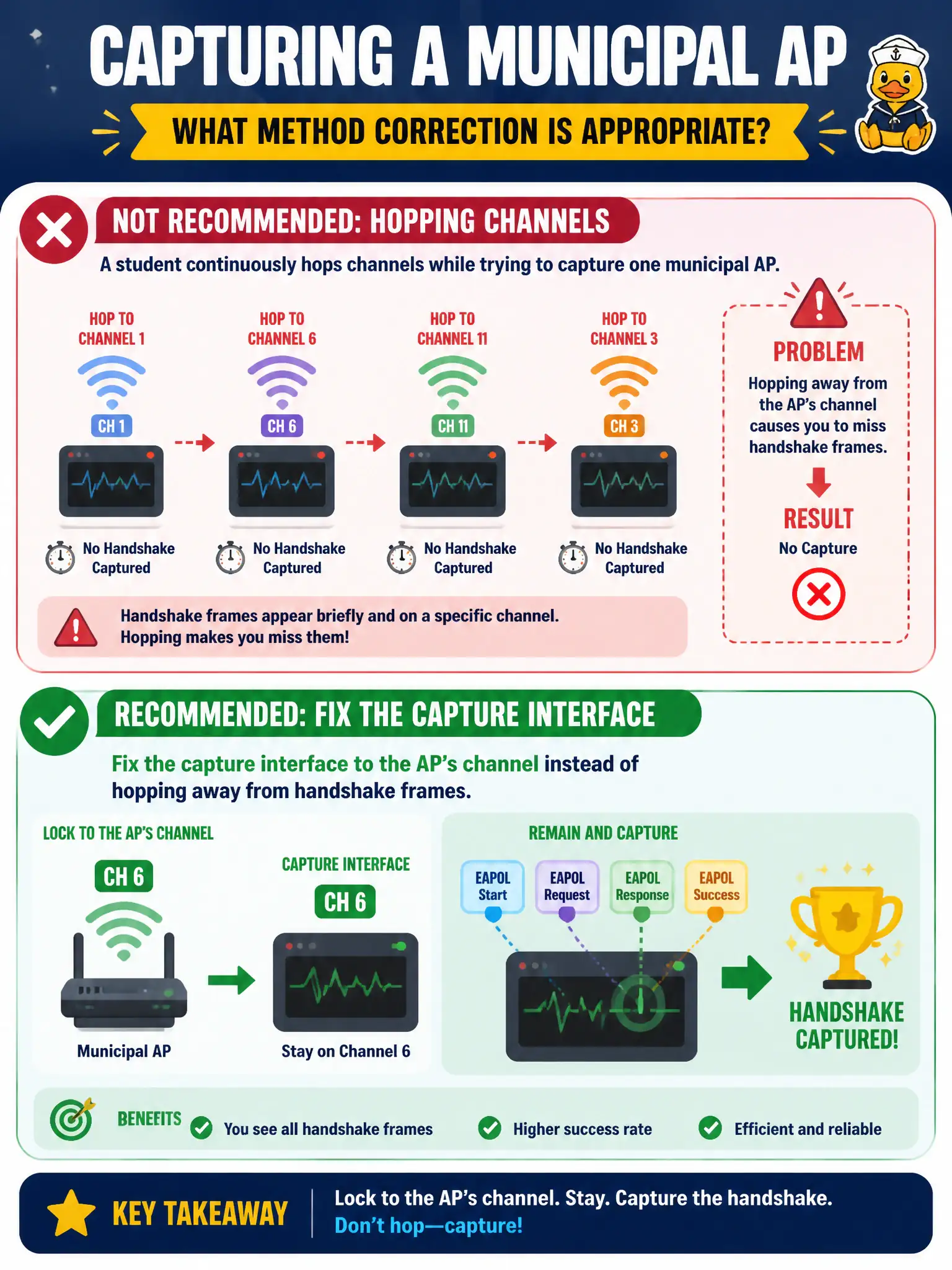 To Create an exciting colorful infographic that explains the concepts in the question: Question: A student continuously hops channels while trying to capture one municipal AP. What method correction is appropriate? Correct Answer: Fix the capture interface to the AP’s channel instead of hopping away from handshake frames. Put EVERY visible label in double quotes. No people. No A/B/C/D letters. In one of the four corners put a little "Navy Duck".