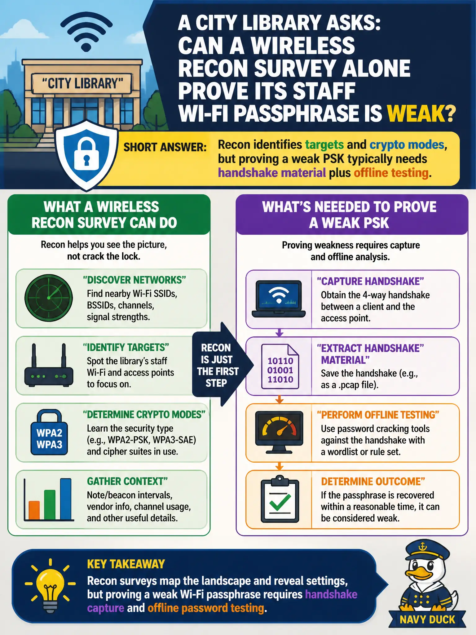 To Create an exciting colorful infographic that explains the concepts in the question: Question: A city library asks whether a wireless recon survey alone can prove that its staff Wi-Fi passphrase is weak. What should the assessor explain? Correct Answer: Recon identifies targets and crypto modes, but proving a weak PSK typically needs handshake material plus offline testing. Put EVERY visible label in double quotes. No people. No A/B/C/D letters. In one of the four corners put a little "Navy Duck".