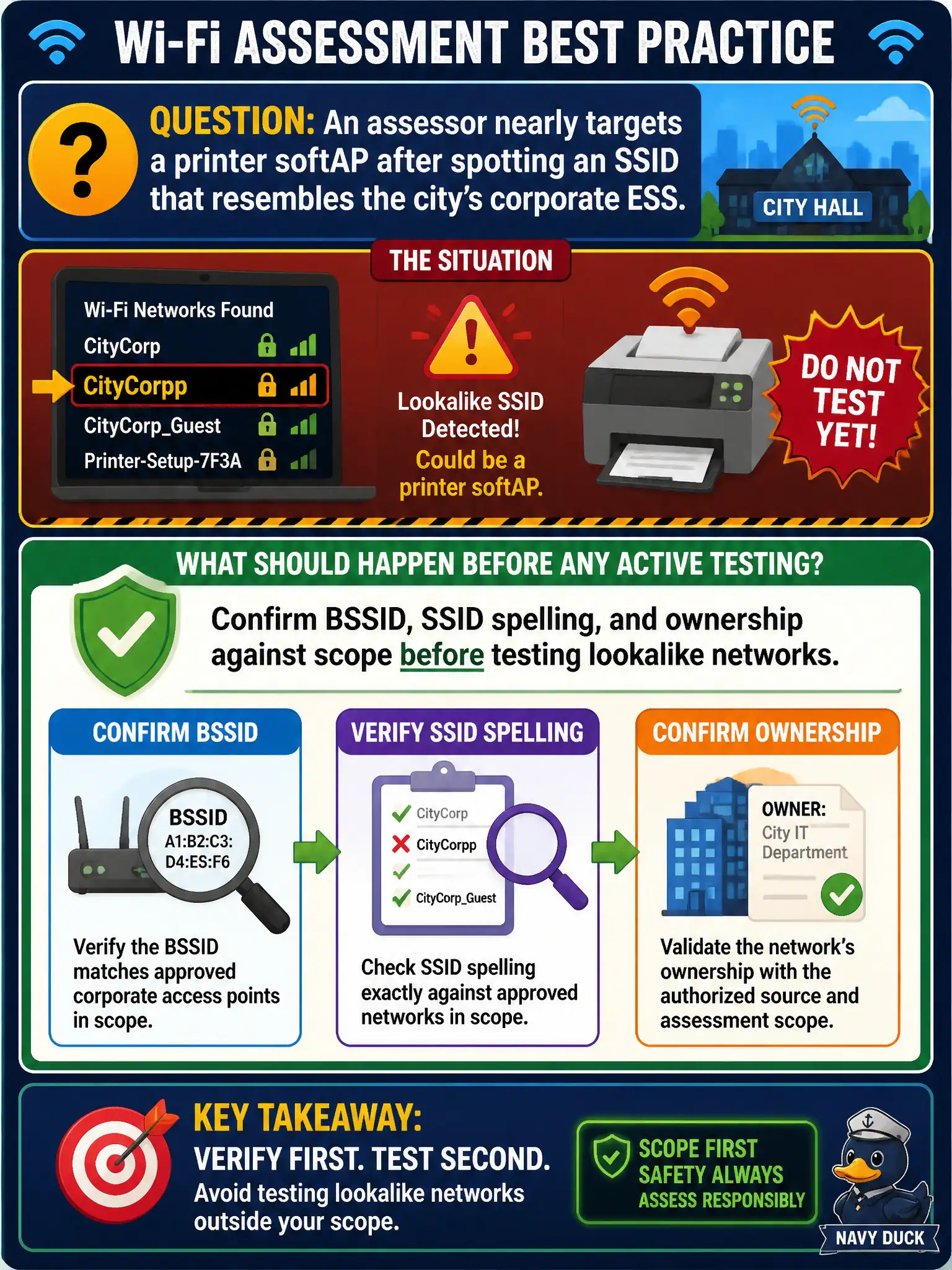 To Create an exciting colorful infographic that explains the concepts in the question: Question: An assessor nearly targets a printer softAP after spotting an SSID that resembles the city's corporate ESS. What should happen before any active testing? Correct Answer: Confirm BSSID, SSID spelling, and ownership against scope before testing lookalike networks. Put EVERY visible label in double quotes. No people. No A/B/C/D letters. In one of the four corners put a little "Navy Duck".