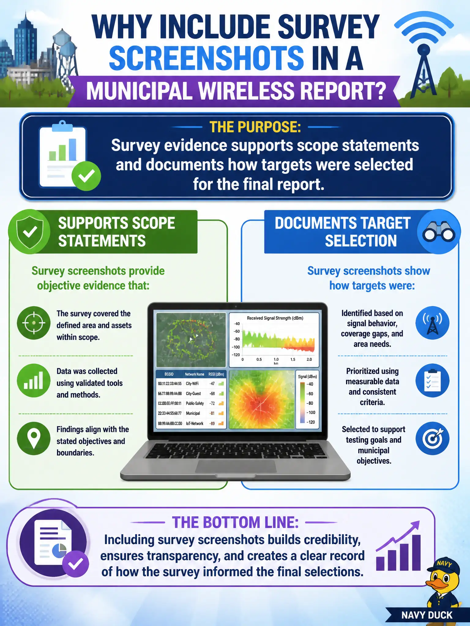 To Create an exciting colorful infographic that explains the concepts in the question: Question: A municipal wireless report requires screenshots of survey output before describing later testing. Why include those recon screenshots? Correct Answer: Survey evidence supports scope statements and documents how targets were selected for the final report. Put EVERY visible label in double quotes. No people. No A/B/C/D letters. In one of the four corners put a little "Navy Duck".