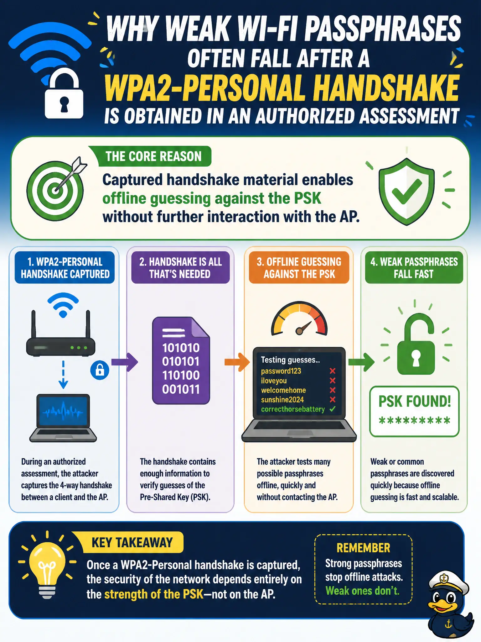 To Create an exciting colorful infographic that explains the concepts in the question: Question: A county security lead asks why weak Wi-Fi passphrases often fall after a WPA2-Personal handshake is obtained in an authorized assessment. What is the core reason? Correct Answer: Captured handshake material enables offline guessing against the PSK without further interaction with the AP. Put EVERY visible label in double quotes. No people. No A/B/C/D letters. In one of the four corners put a little "Navy Duck".