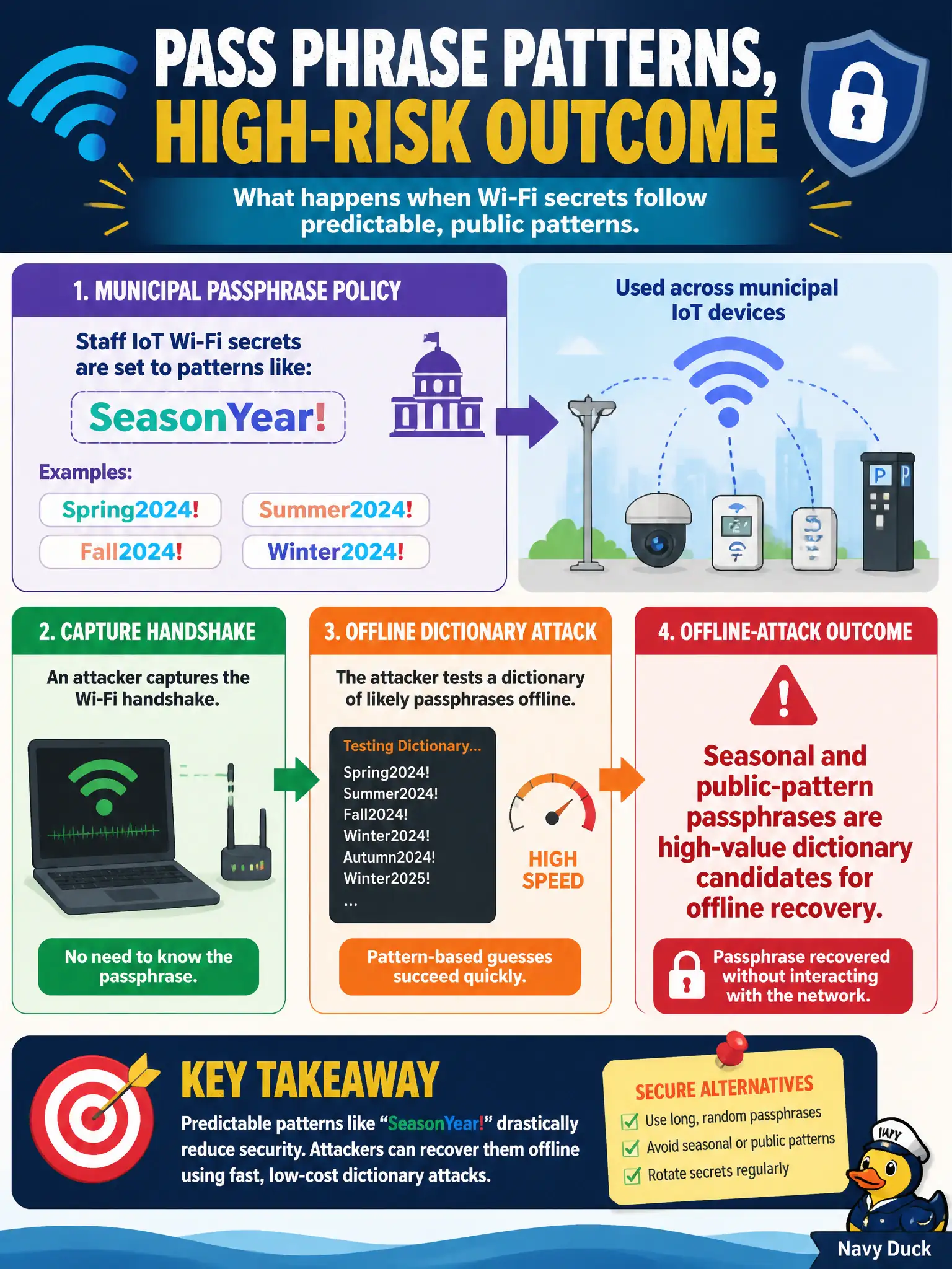 To Create an exciting colorful infographic that explains the concepts in the question: Question: A municipal passphrase policy sets staff IoT Wi-Fi secrets to patterns like SeasonYear!. What offline-attack outcome should the assessor expect? Correct Answer: Seasonal and public-pattern passphrases are high-value dictionary candidates for offline recovery. Put EVERY visible label in double quotes. No people. No A/B/C/D letters. In one of the four corners put a little "Navy Duck".