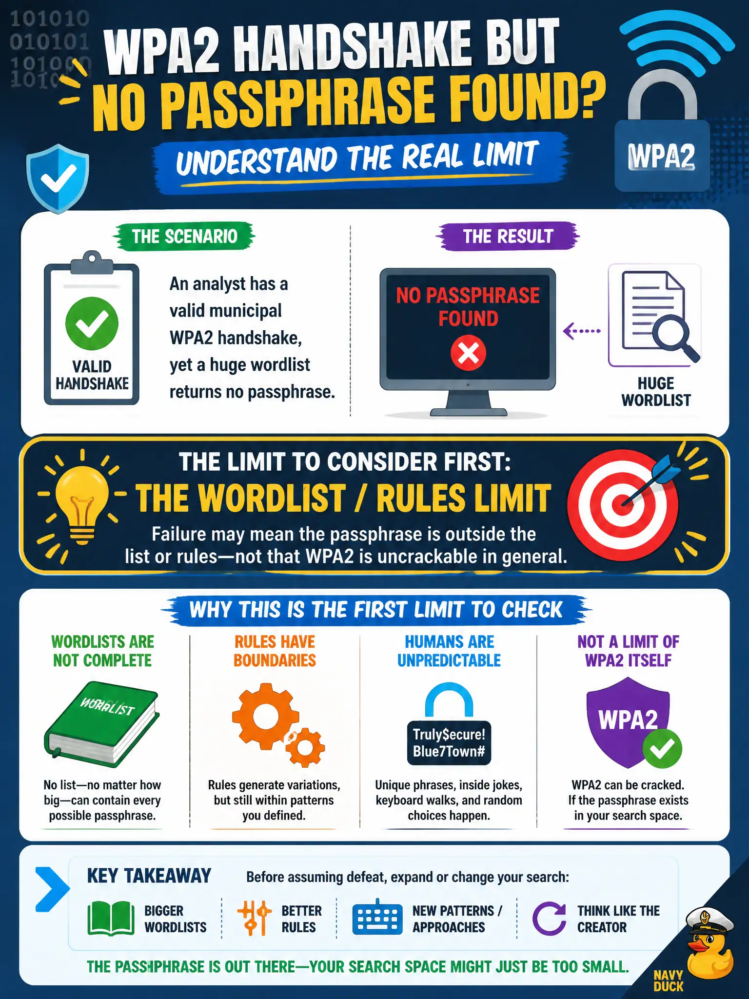 To Create an exciting colorful infographic that explains the concepts in the question: Question: An analyst has a valid municipal WPA2 handshake, yet a huge wordlist returns no passphrase. What limit should be considered first? Correct Answer: Failure may mean the passphrase is outside the list or rules—not that WPA2 is uncrackable in general. Put EVERY visible label in double quotes. No people. No A/B/C/D letters. In one of the four corners put a little "Navy Duck".