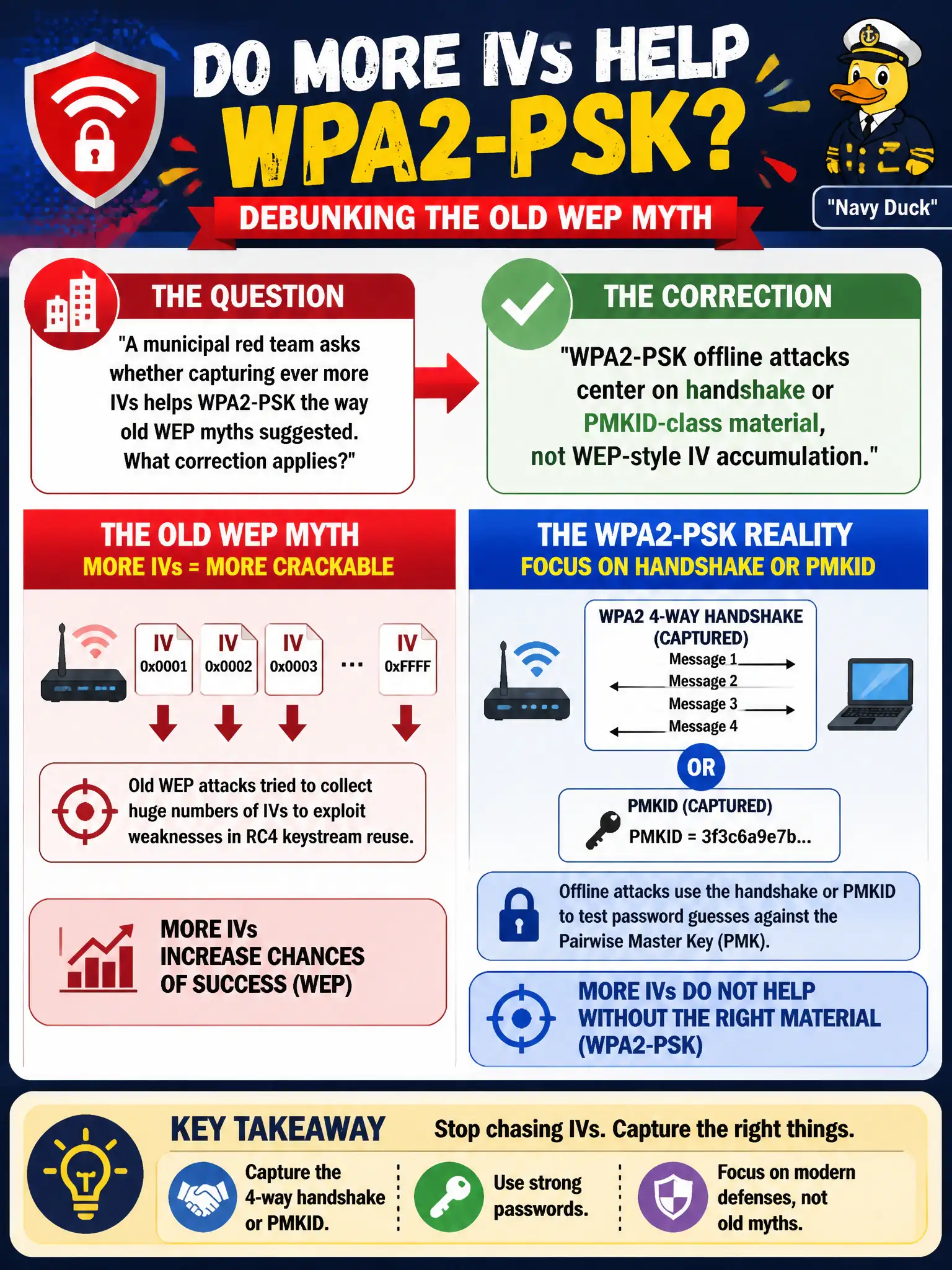 To Create an exciting colorful infographic that explains the concepts in the question: Question: A municipal red team asks whether capturing ever more IVs helps WPA2-PSK the way old WEP myths suggested. What correction applies? Correct Answer: WPA2-PSK offline attacks center on handshake or PMKID-class material, not WEP-style IV accumulation. Put EVERY visible label in double quotes. No people. No A/B/C/D letters. In one of the four corners put a little "Navy Duck".