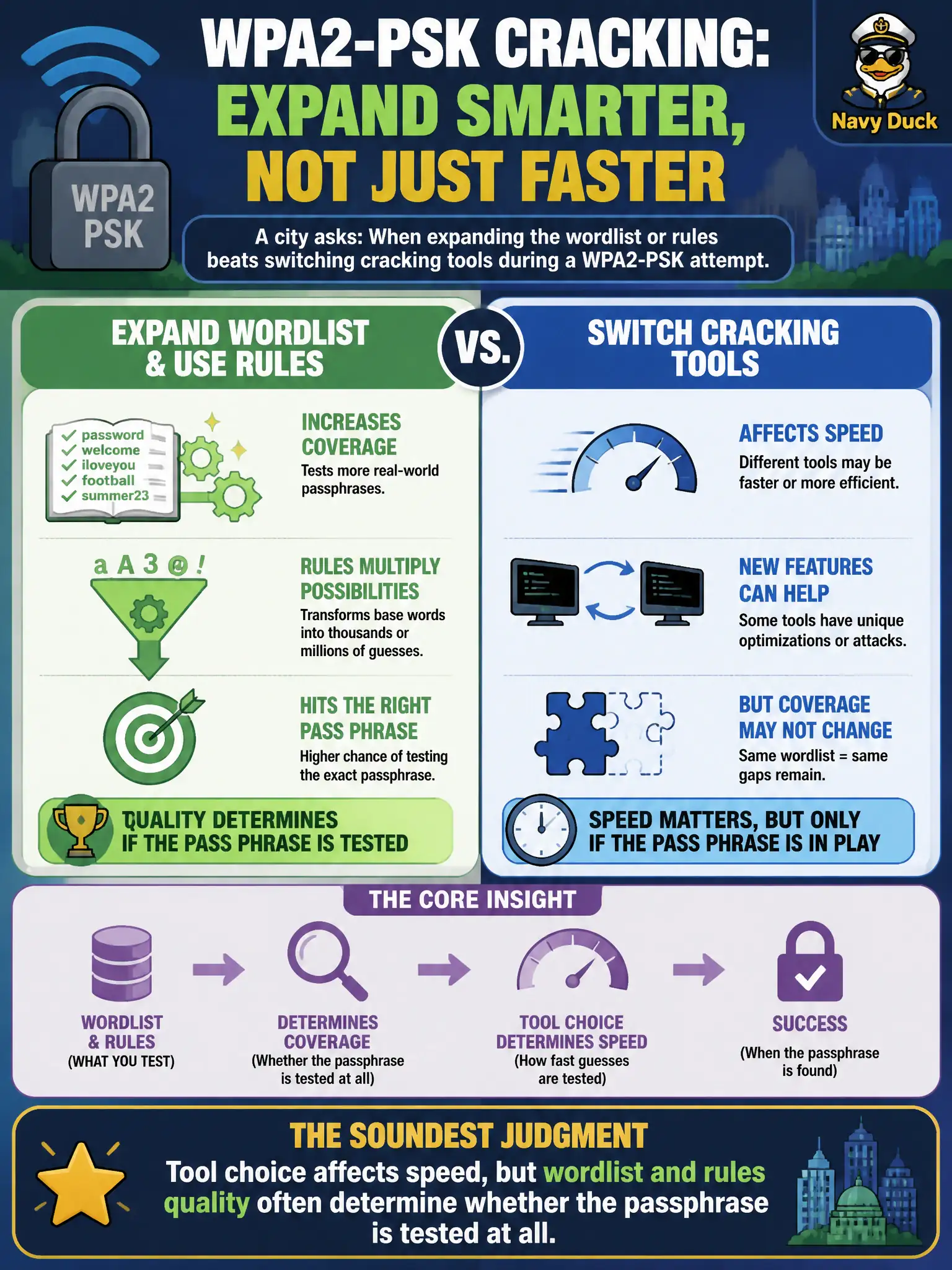 To Create an exciting colorful infographic that explains the concepts in the question: Question: A city asks when expanding the wordlist or rules beats switching cracking tools during a WPA2-PSK attempt. What judgment is soundest? Correct Answer: Tool choice affects speed, but wordlist and rules quality often determine whether the passphrase is tested at all. Put EVERY visible label in double quotes. No people. No A/B/C/D letters. In one of the four corners put a little "Navy Duck".