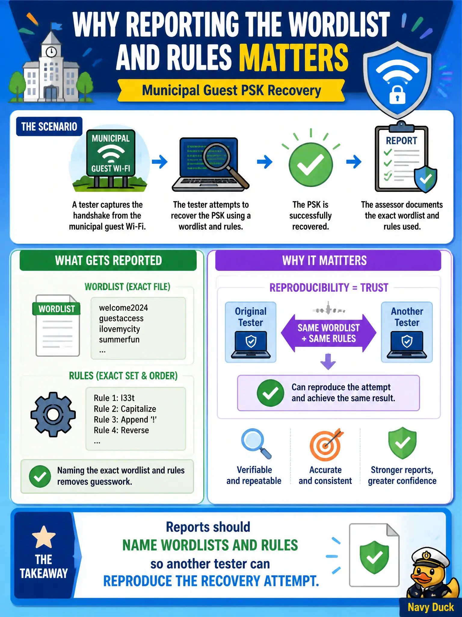 To Create an exciting colorful infographic that explains the concepts in the question: Question: An assessor documents the exact wordlist and rules used while recovering a municipal guest PSK. Why does that reporting detail matter? Correct Answer: Reports should name wordlists and rules so another tester can reproduce the recovery attempt. Put EVERY visible label in double quotes. No people. No A/B/C/D letters. In one of the four corners put a little "Navy Duck".
