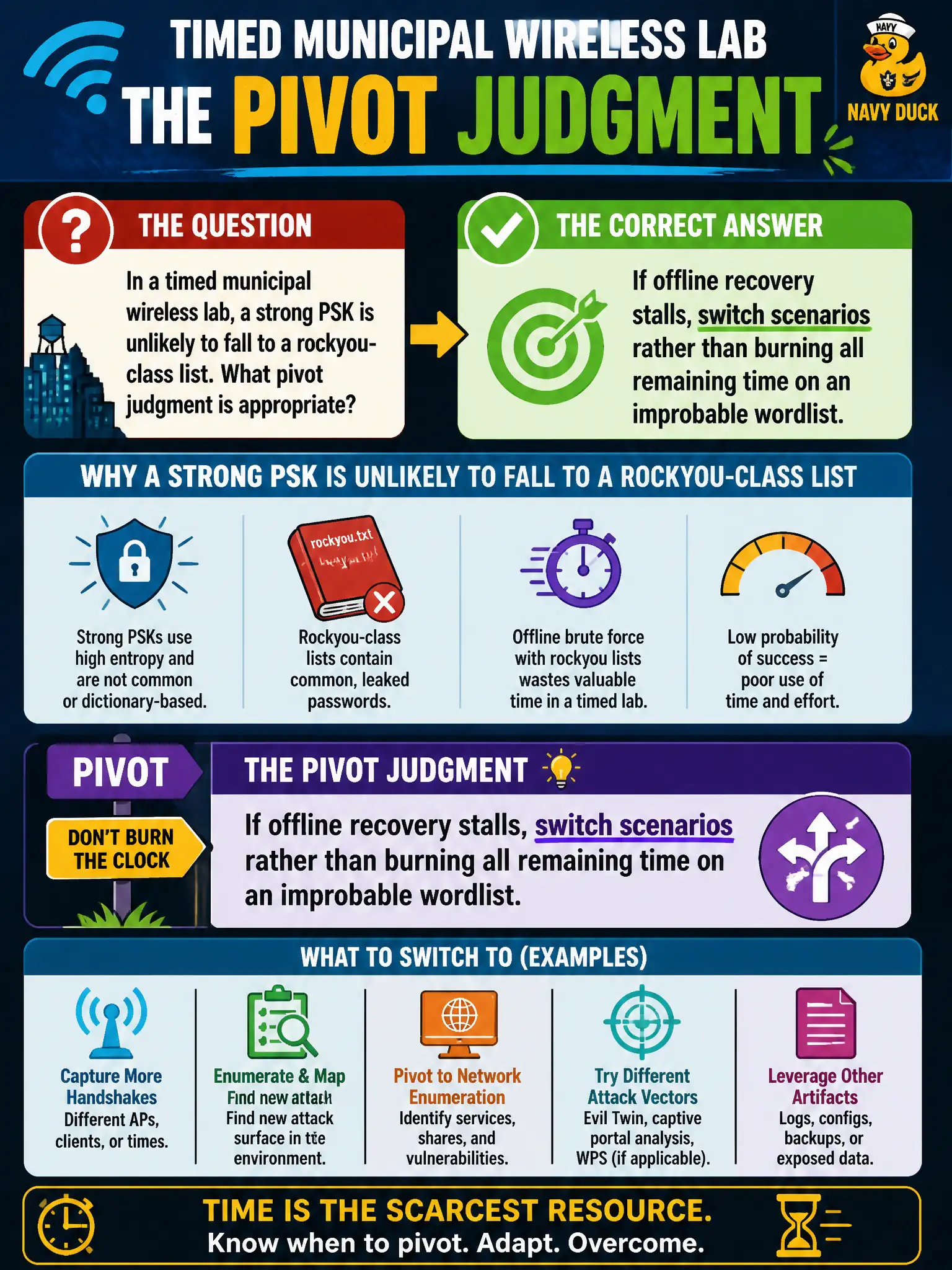 To Create an exciting colorful infographic that explains the concepts in the question: Question: In a timed municipal wireless lab, a strong PSK is unlikely to fall to a rockyou-class list. What pivot judgment is appropriate? Correct Answer: If offline recovery stalls, switch scenarios rather than burning all remaining time on an improbable wordlist. Put EVERY visible label in double quotes. No people. No A/B/C/D letters. In one of the four corners put a little "Navy Duck".