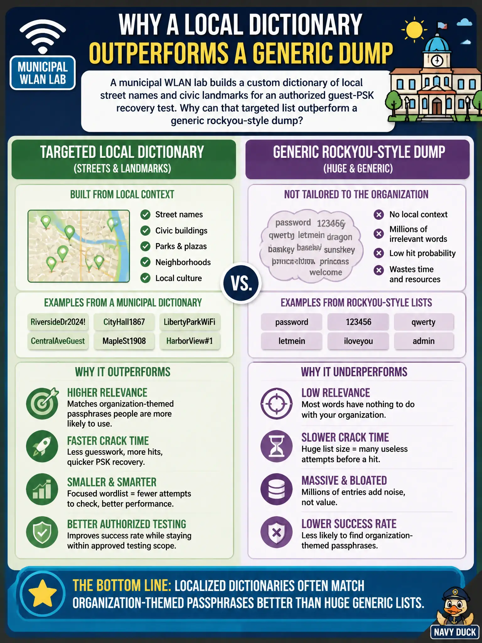 To Create an exciting colorful infographic that explains the concepts in the question: Question: A municipal WLAN lab builds a custom dictionary of local street names and civic landmarks for an authorized guest-PSK recovery test. Why can that targeted list outperform a generic rockyou-style dump? Correct Answer: Localized dictionaries often match organization-themed passphrases better than huge generic lists Put EVERY visible label in double quotes. No people. No A/B/C/D letters. In one of the four corners put a little "Navy Duck".