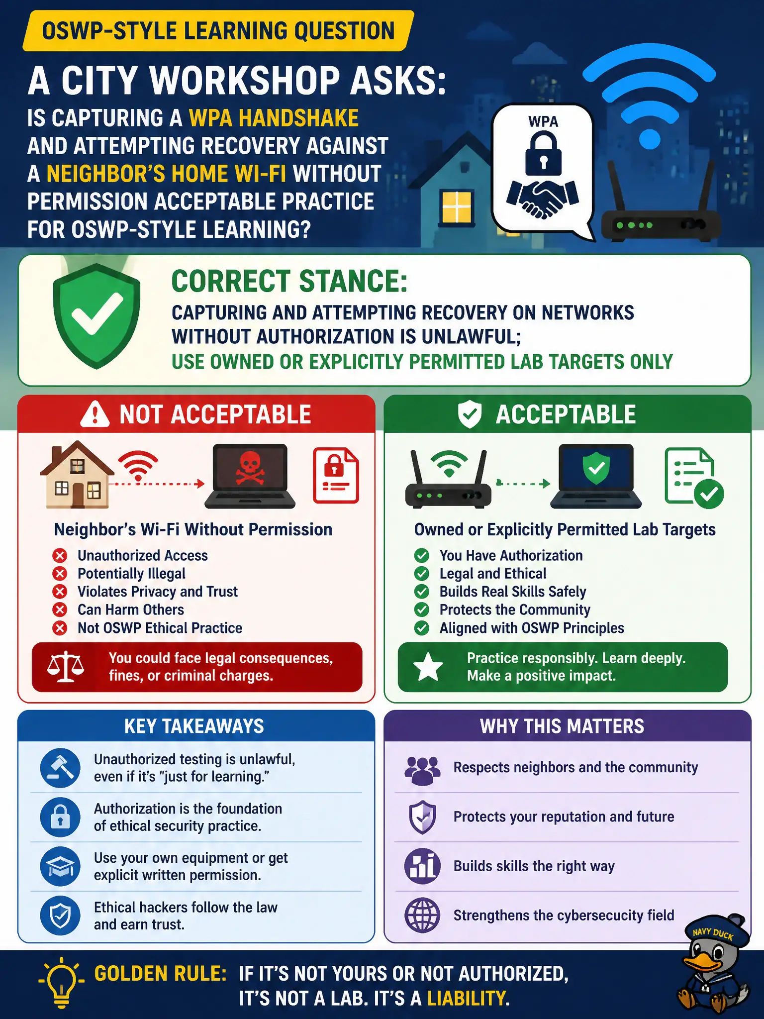 To Create an exciting colorful infographic that explains the concepts in the question: Question: A city workshop asks whether capturing a WPA handshake and attempting recovery against a neighbor's home Wi-Fi without permission is acceptable practice for OSWP-style learning. What is the correct stance? Correct Answer: Capturing and attempting recovery on networks without authorization is unlawful; use owned or explicitly permitted lab targets only Put EVERY visible label in double quotes. No people. No A/B/C/D letters. In one of the four corners put a little "Navy Duck".