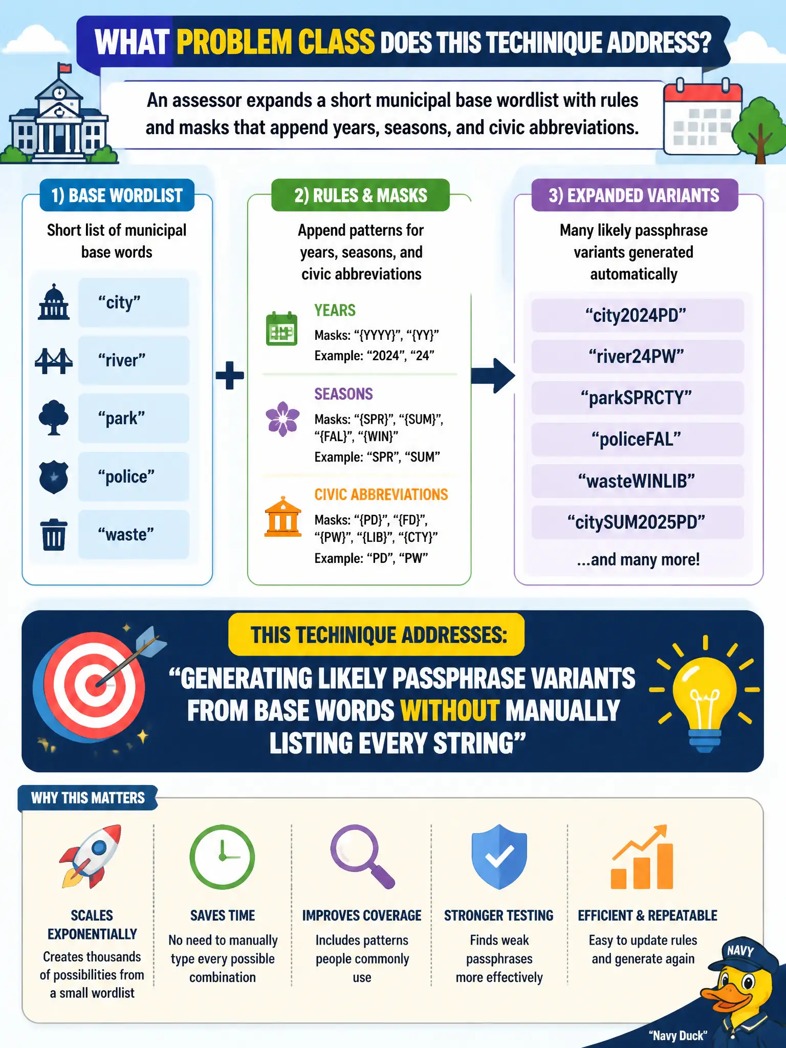 To Create an exciting colorful infographic that explains the concepts in the question: Question: An assessor expands a short municipal base wordlist with rules and masks that append years, seasons, and civic abbreviations. What problem class does that technique address? Correct Answer: Generating likely passphrase variants from base words without manually listing every string Put EVERY visible label in double quotes. No people. No A/B/C/D letters. In one of the four corners put a little "Navy Duck".