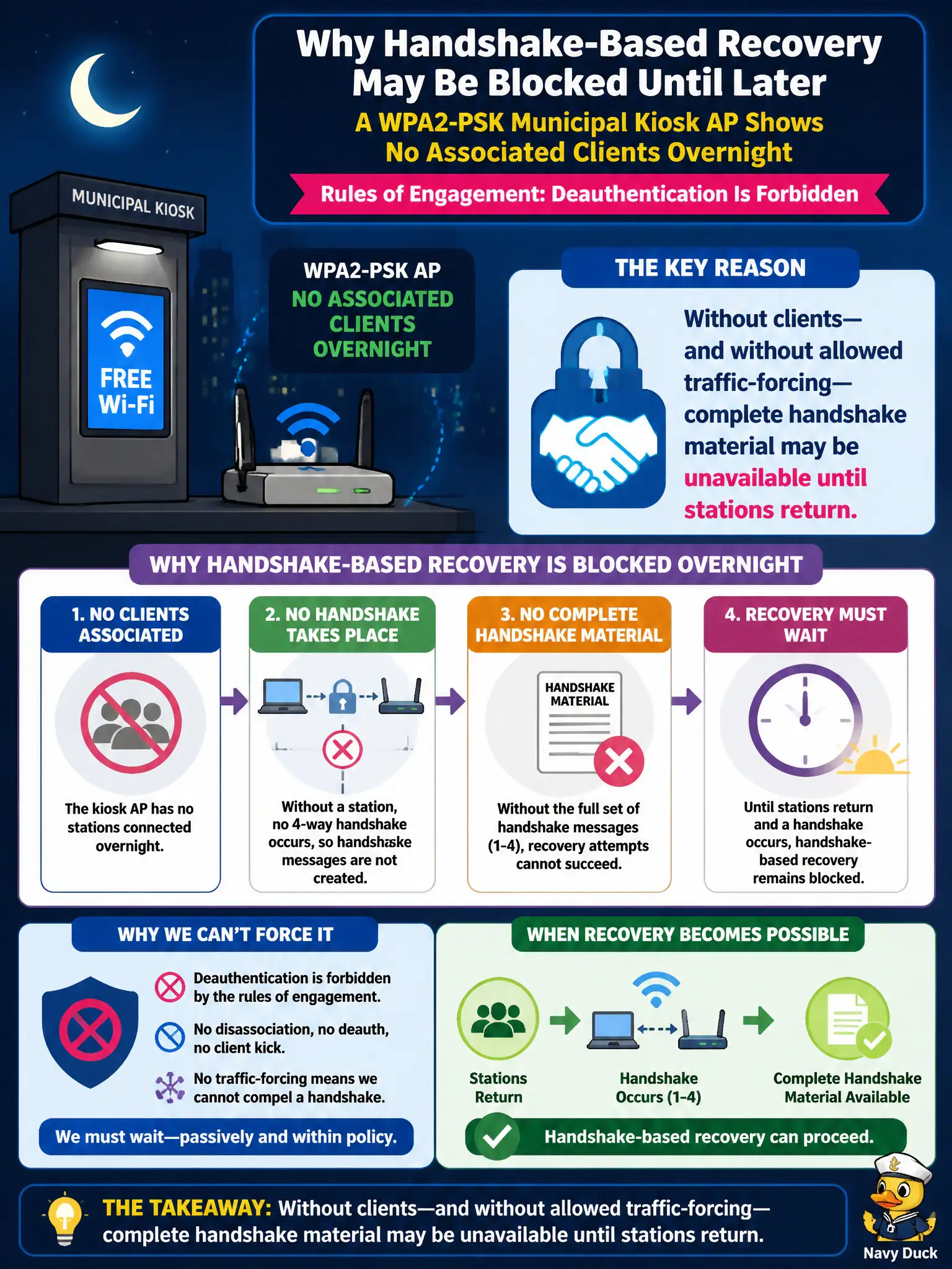 To Create an exciting colorful infographic that explains the concepts in the question: Question: A WPA2-PSK municipal kiosk AP shows no associated clients overnight, and the rules of engagement forbid deauthentication. Why might handshake-based recovery be blocked until later? Correct Answer: Without clients—and without allowed traffic-forcing—complete handshake material may be unavailable until stations return Put EVERY visible label in double quotes. No people. No A/B/C/D letters. In one of the four corners put a little "Navy Duck".