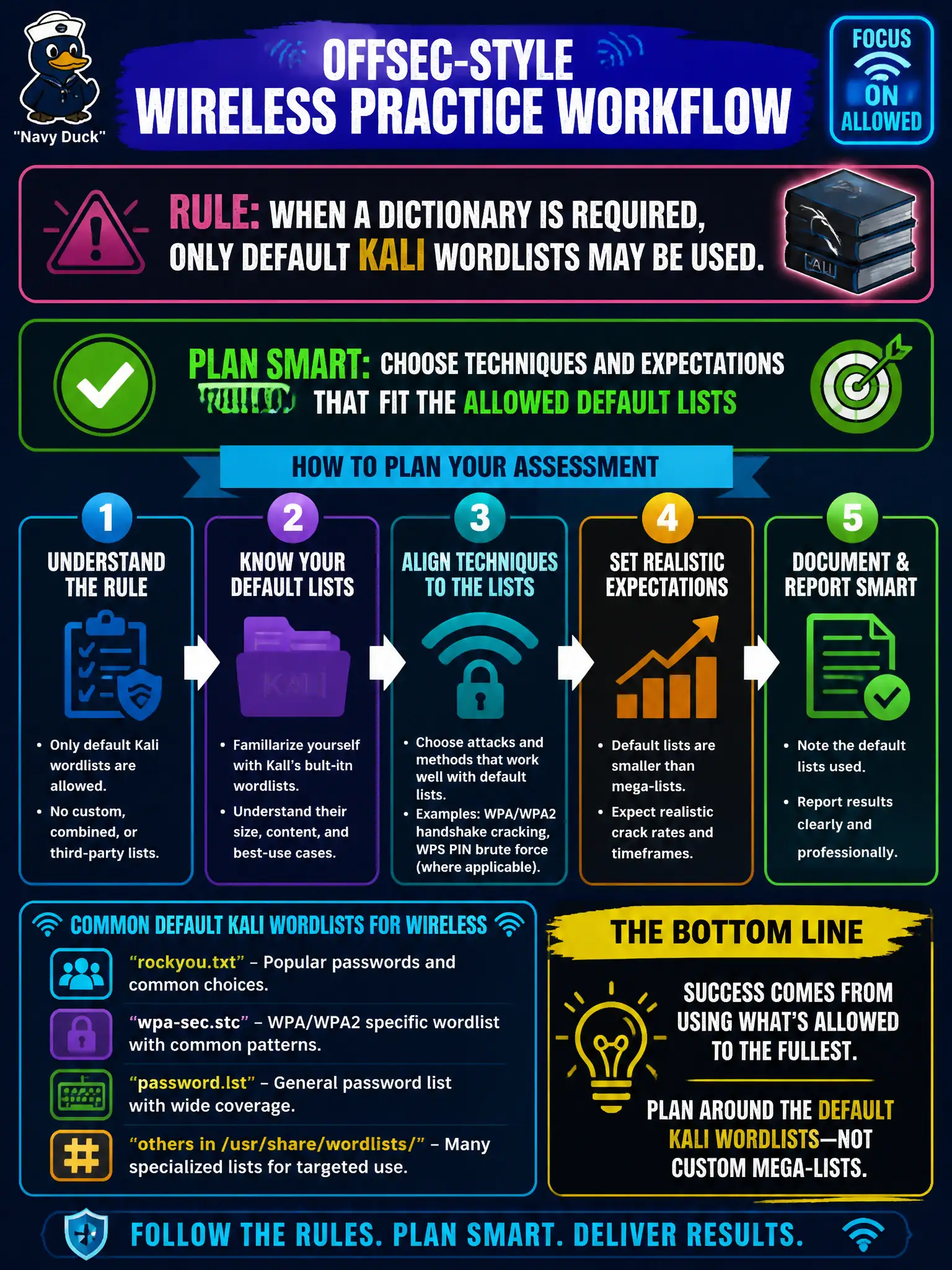 To Create an exciting colorful infographic that explains the concepts in the question: Question: An OffSec-style wireless practice workflow states that when a dictionary is required, only default Kali wordlists may be used. How should the assessor plan? Correct Answer: Choose techniques and expectations that fit the allowed default lists rather than depending on custom mega-lists Put EVERY visible label in double quotes. No people. No A/B/C/D letters. In one of the four corners put a little "Navy Duck".