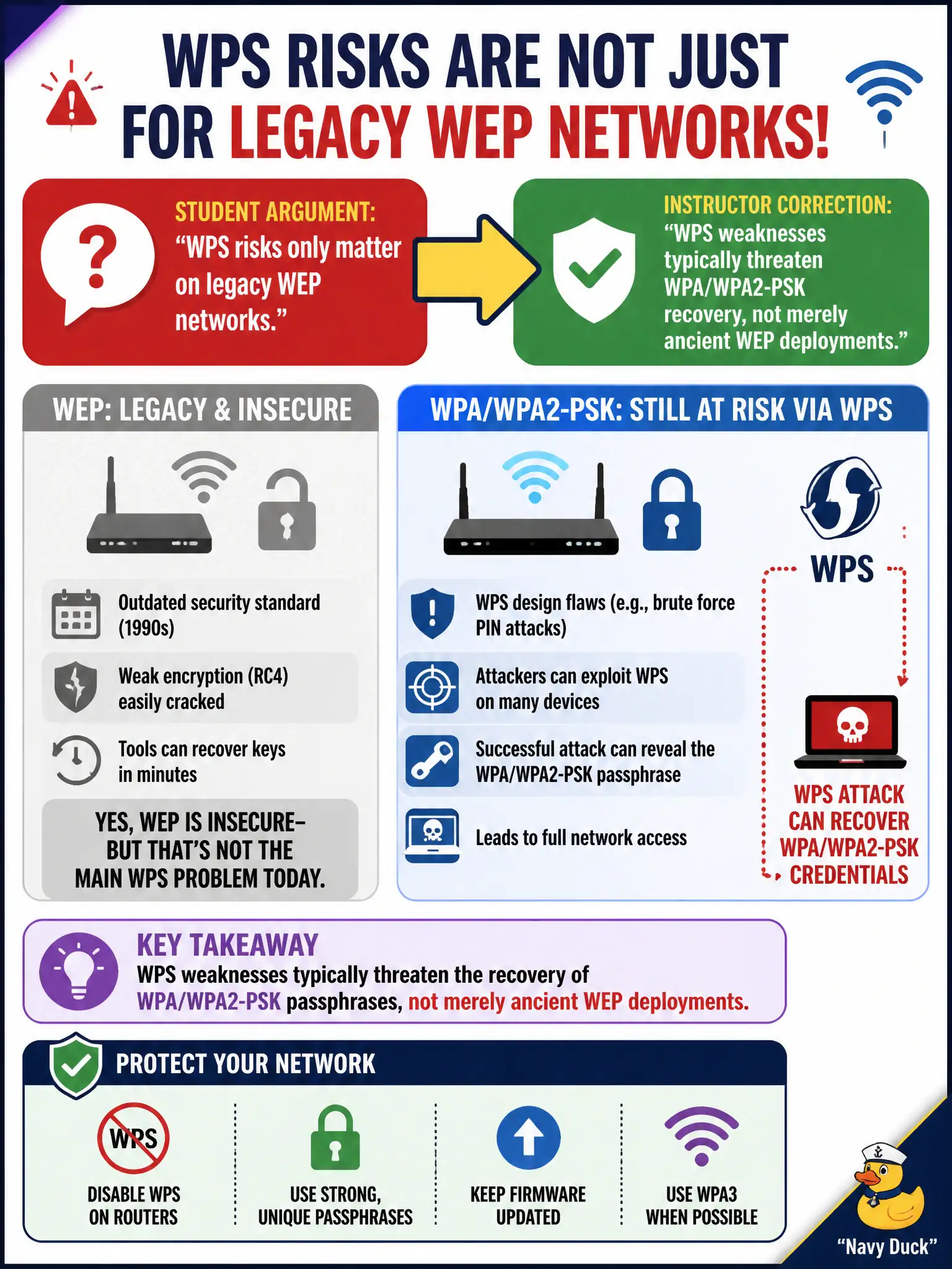 To Create an exciting colorful infographic that explains the concepts in the question: Question: A student argues that WPS risks only matter on legacy WEP networks. What correction should an instructor give? Correct Answer: WPS weaknesses typically threaten WPA/WPA2-PSK recovery, not merely ancient WEP deployments Put EVERY visible label in double quotes. No people. No A/B/C/D letters. In one of the four corners put a little "Navy Duck".