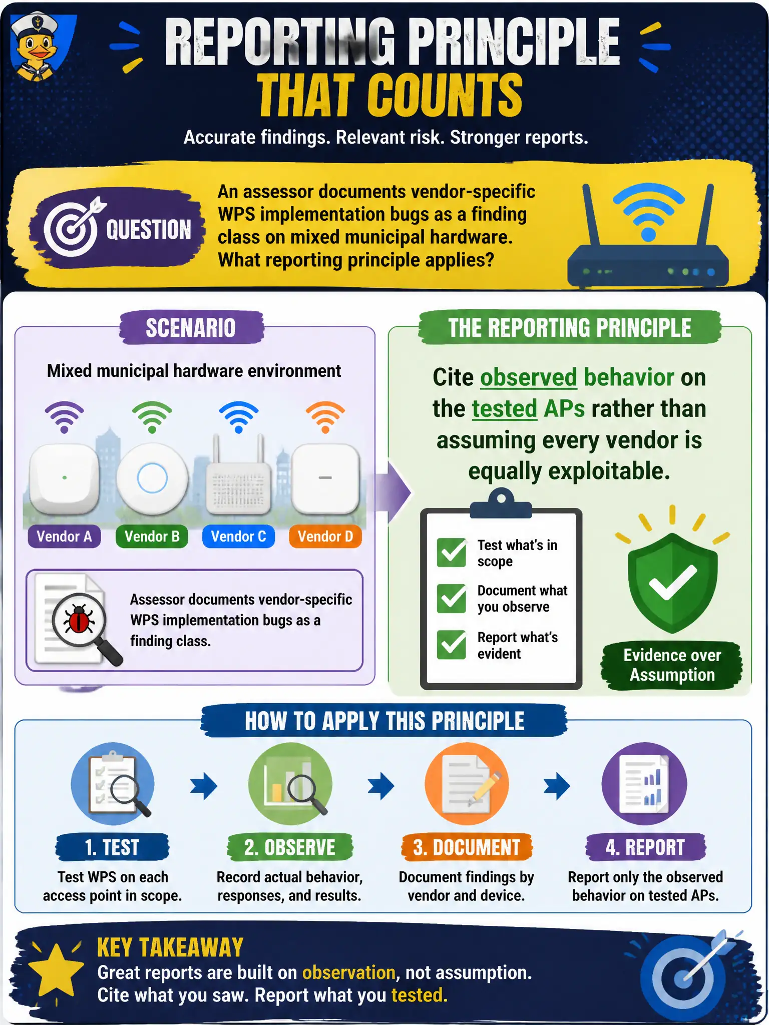 To Create an exciting colorful infographic that explains the concepts in the question: Question: An assessor documents vendor-specific WPS implementation bugs as a finding class on mixed municipal hardware. What reporting principle applies? Correct Answer: Cite observed behavior on the tested APs rather than assuming every vendor is equally exploitable Put EVERY visible label in double quotes. No people. No A/B/C/D letters. In one of the four corners put a little "Navy Duck".