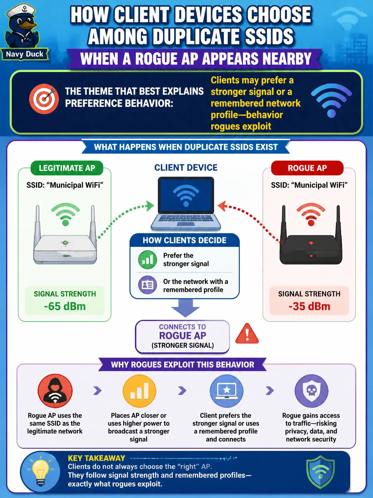 To Create an exciting colorful infographic that explains the concepts in the question: Question: A municipal blue team asks how client devices typically choose among duplicate SSIDs when a rogue AP appears nearby. Which theme best explains that preference behavior? Correct Answer: Clients may prefer a stronger signal or a remembered network profile—behavior rogues exploit Put EVERY visible label in double quotes. No people. No A/B/C/D letters. In one of the four corners put a little "Navy Duck".