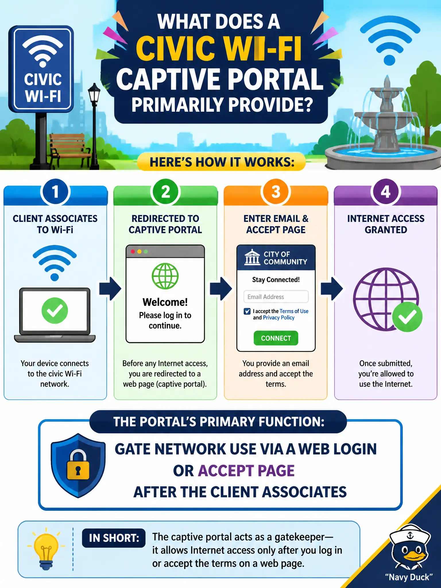 To Create an exciting colorful infographic that explains the concepts in the question: Question: A civic Wi-Fi captive portal asks users for an email address before granting Internet. What function does that portal primarily provide? Correct Answer: Gate network use via a web login or accept page after the client associates Put EVERY visible label in double quotes. No people. No A/B/C/D letters. In one of the four corners put a little "Navy Duck".