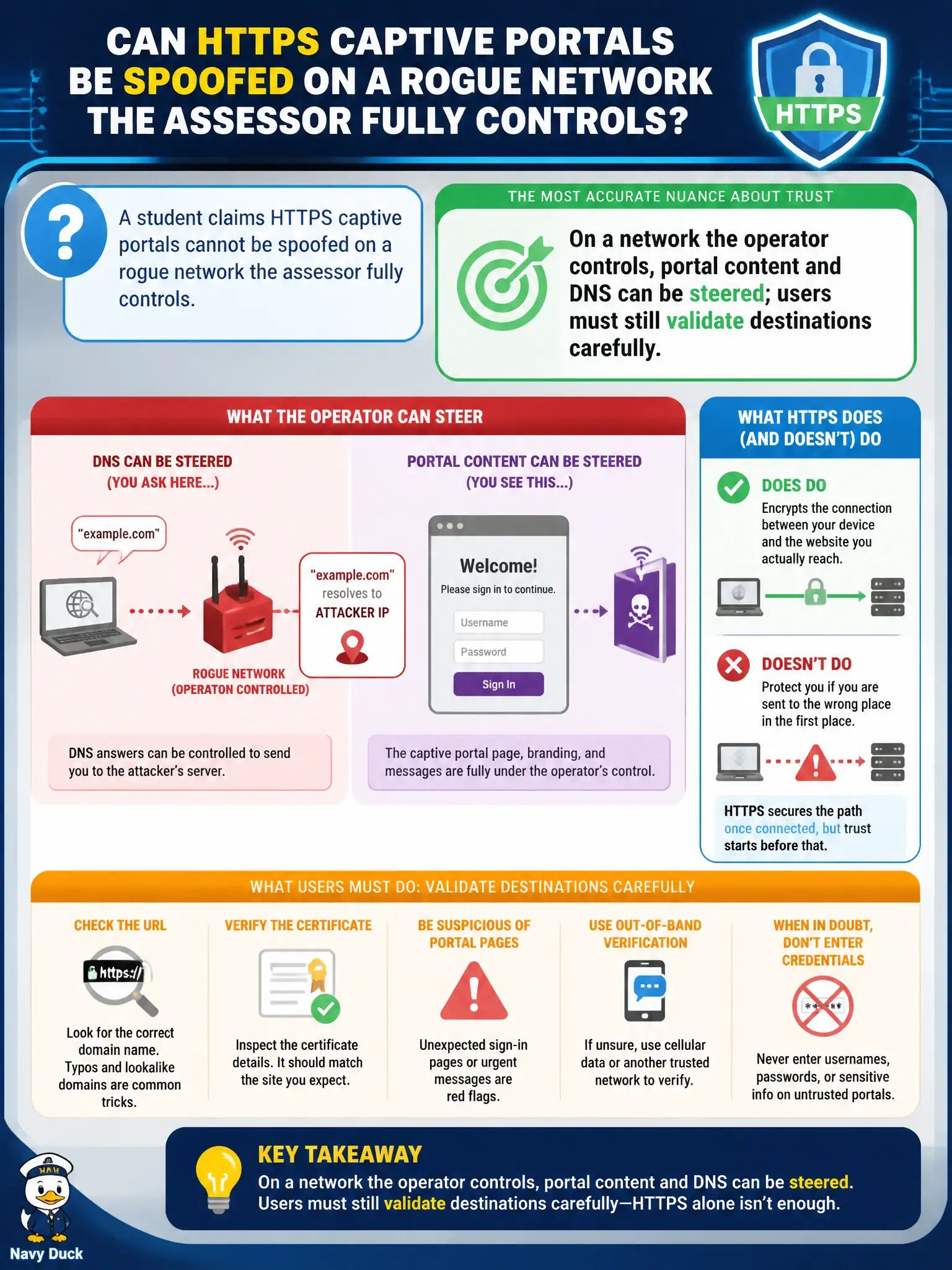 To Create an exciting colorful infographic that explains the concepts in the question: Question: A student claims HTTPS captive portals cannot be spoofed on a rogue network the assessor fully controls. What nuance about trust on that path is most accurate? Correct Answer: On a network the operator controls, portal content and DNS can be steered; users must still validate destinations carefully Put EVERY visible label in double quotes. No people. No A/B/C/D letters. In one of the four corners put a little "Navy Duck".