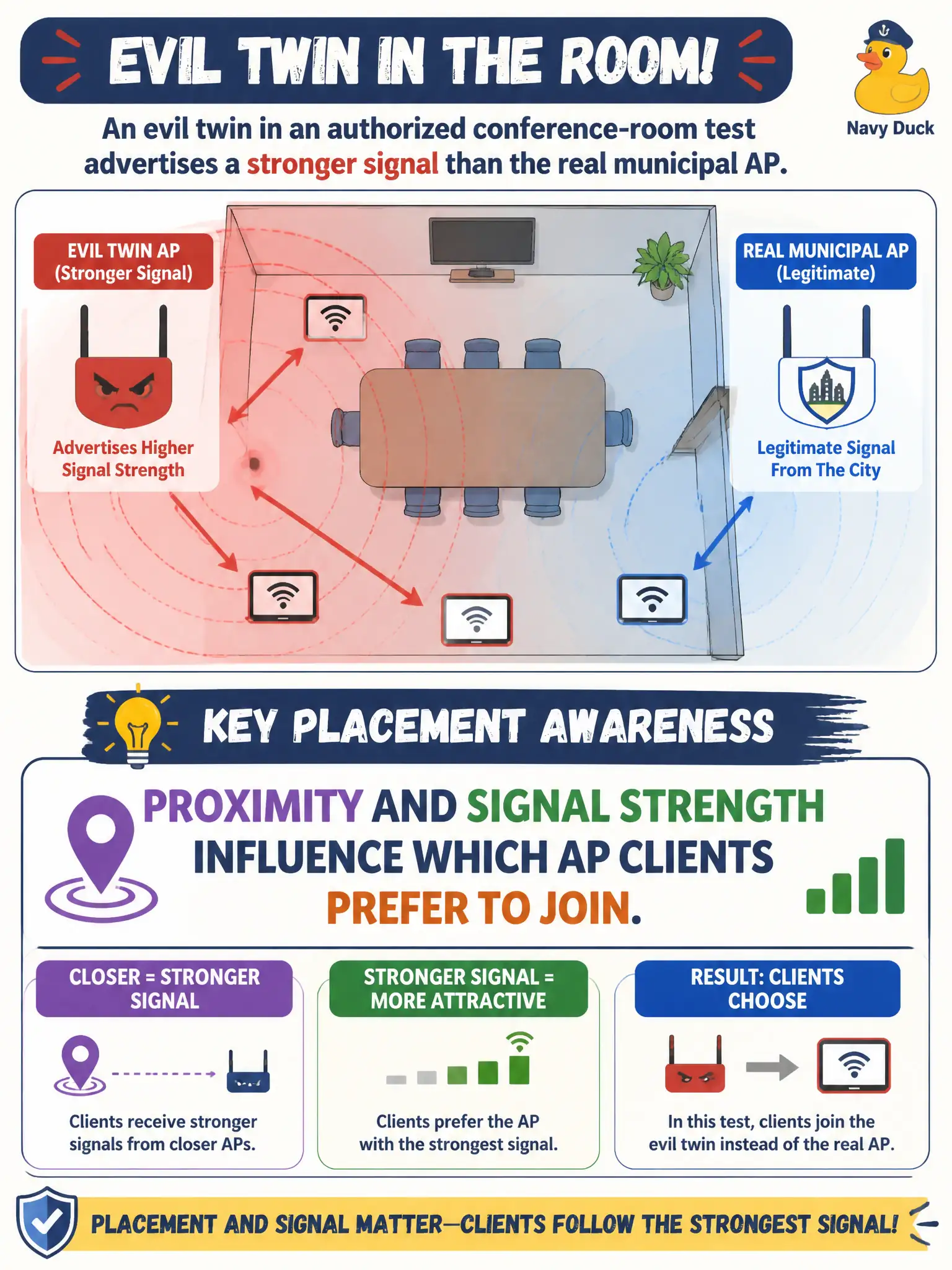 To Create an exciting colorful infographic that explains the concepts in the question: Question: An evil twin in an authorized conference-room test advertises a stronger signal than the real municipal AP. What placement awareness should the assessor take away? Correct Answer: Proximity and signal strength influence which AP clients prefer to join Put EVERY visible label in double quotes. No people. No A/B/C/D letters. In one of the four corners put a little "Navy Duck".