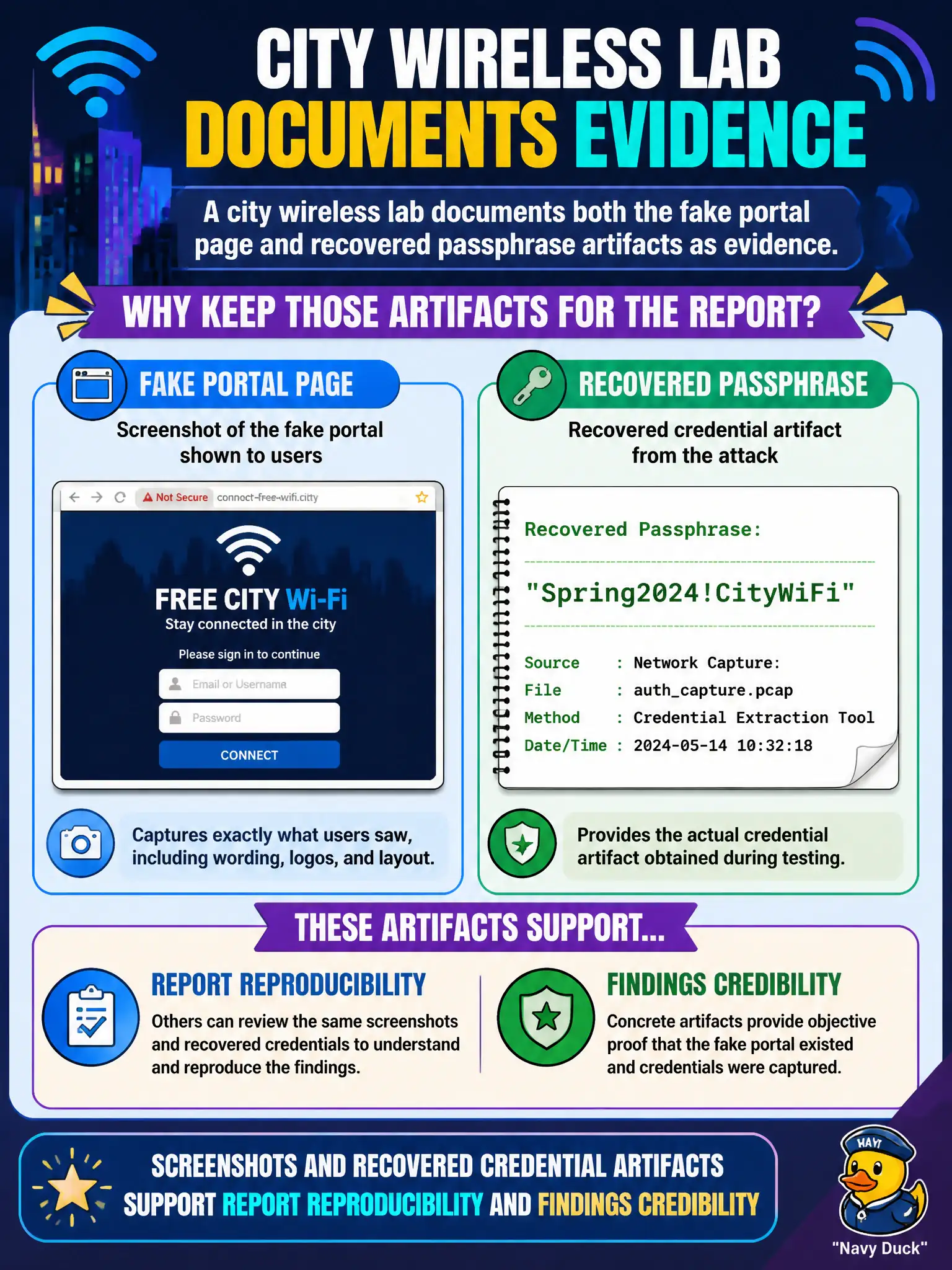 To Create an exciting colorful infographic that explains the concepts in the question: Question: A city wireless lab documents both the fake portal page and recovered passphrase artifacts as evidence. Why keep those artifacts for the report? Correct Answer: Screenshots and recovered credential artifacts support report reproducibility and findings credibility Put EVERY visible label in double quotes. No people. No A/B/C/D letters. In one of the four corners put a little "Navy Duck".