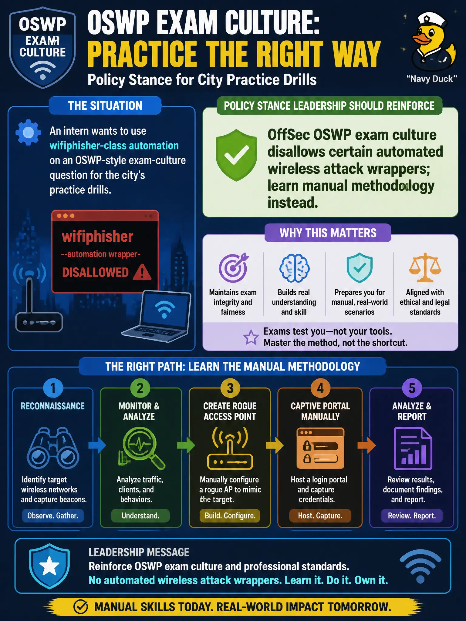 To Create an exciting colorful infographic that explains the concepts in the question: Question: An intern wants to use wifiphisher-class automation on an OSWP-style exam-culture question for the city's practice drills. What policy stance should leadership reinforce? Correct Answer: OffSec OSWP exam culture disallows certain automated wireless attack wrappers; learn manual methodology instead Put EVERY visible label in double quotes. No people. No A/B/C/D letters. In one of the four corners put a little "Navy Duck".
