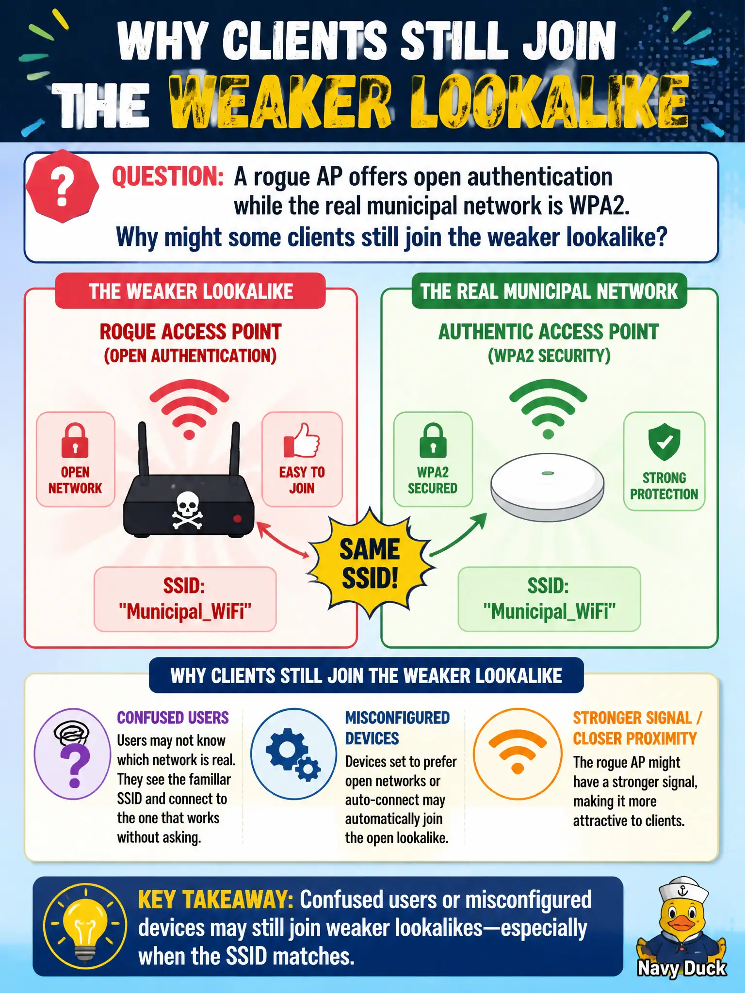 To Create an exciting colorful infographic that explains the concepts in the question: Question: A rogue AP offers open authentication while the real municipal network is WPA2. Why might some clients still join the weaker lookalike? Correct Answer: Confused users or misconfigured devices may still join weaker lookalikes—especially when the SSID matches Put EVERY visible label in double quotes. No people. No A/B/C/D letters. In one of the four corners put a little "Navy Duck".