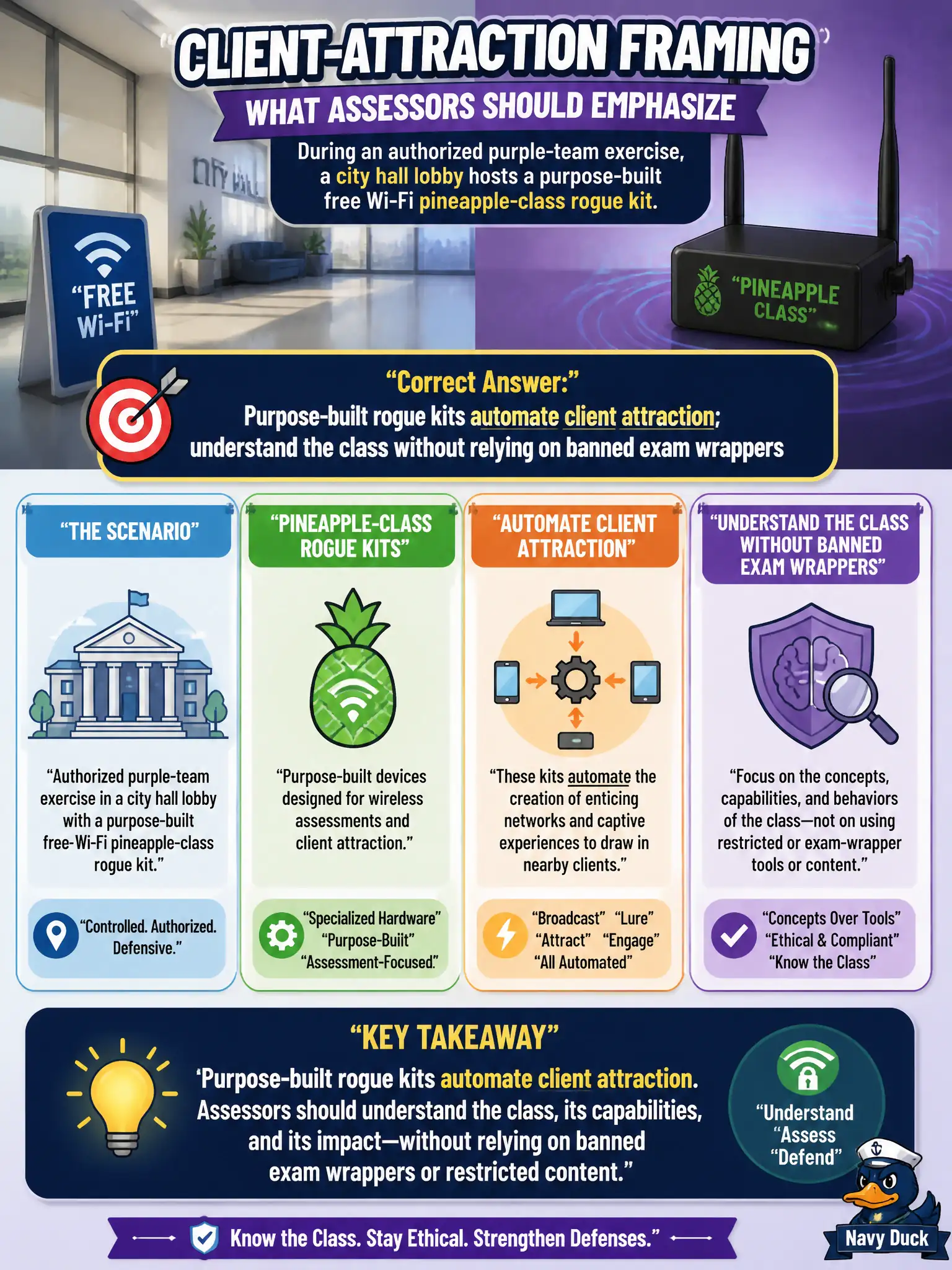 To Create an exciting colorful infographic that explains the concepts in the question: Question: During an authorized purple-team exercise, a city hall lobby hosts a purpose-built free Wi-Fi pineapple-class rogue kit. What client-attraction framing should assessors emphasize? Correct Answer: Purpose-built rogue kits automate client attraction; understand the class without relying on banned exam wrappers Put EVERY visible label in double quotes. No people. No A/B/C/D letters. In one of the four corners put a little "Navy Duck".