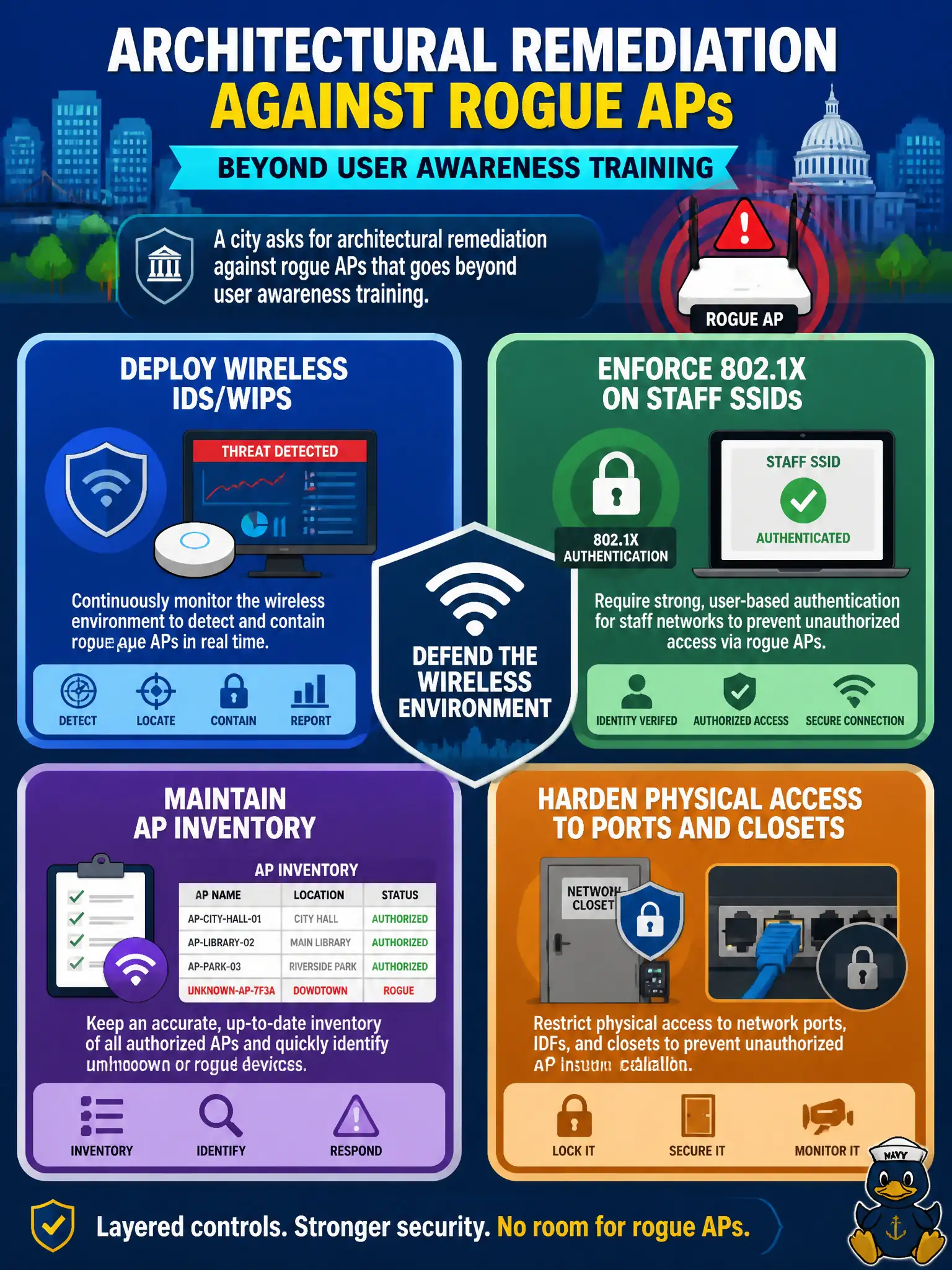 To Create an exciting colorful infographic that explains the concepts in the question: Question: A city asks for architectural remediation against rogue APs that goes beyond user awareness training. Which theme set best fits? Correct Answer: Deploy wireless IDS/WIPS, enforce 802.1X on staff SSIDs, maintain AP inventory, and harden physical access to ports and closets. Put EVERY visible label in double quotes. No people. No A/B/C/D letters. In one of the four corners put a little "Navy Duck".