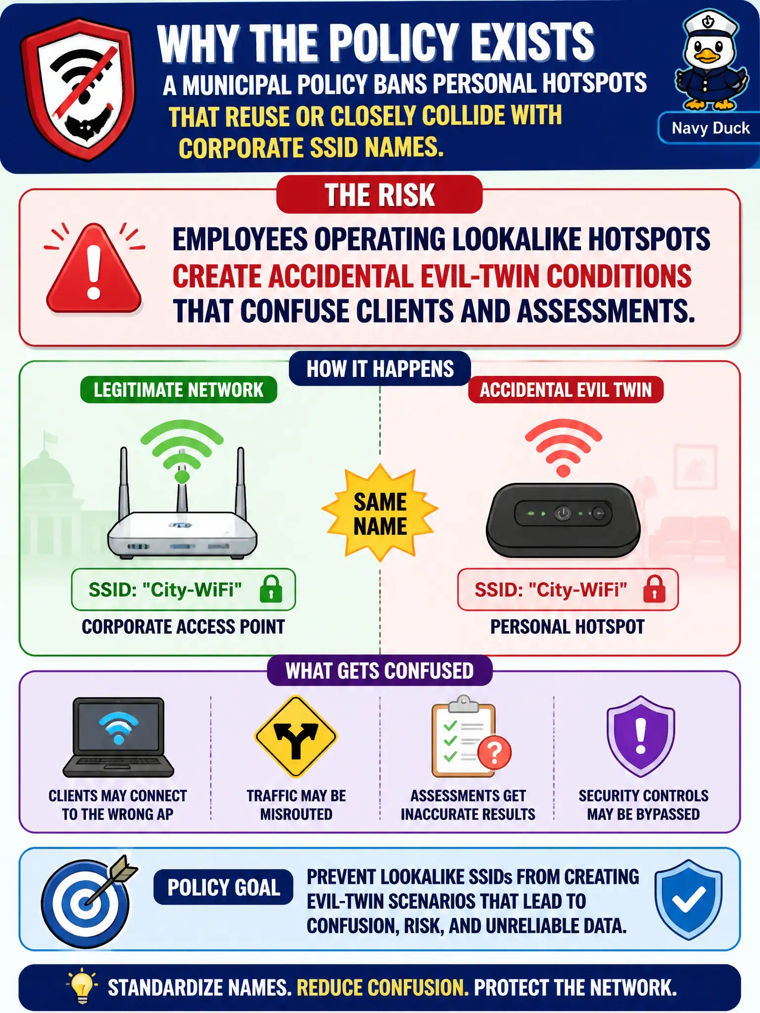 To Create an exciting colorful infographic that explains the concepts in the question: Question: A municipal policy bans personal hotspots that reuse or closely collide with corporate SSID names. What risk is that policy trying to reduce? Correct Answer: Employees operating lookalike hotspots create accidental evil-twin conditions that confuse clients and assessments. Put EVERY visible label in double quotes. No people. No A/B/C/D letters. In one of the four corners put a little "Navy Duck".