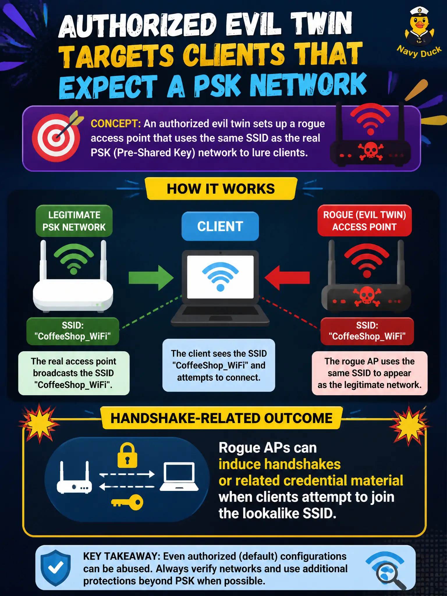 To Create an exciting colorful infographic that explains the concepts in the question: Question: An authorized evil twin targets clients that expect a PSK network. What handshake-related outcome can that rogue class induce? Correct Answer: Rogue APs can induce handshakes or related credential material when clients attempt to join the lookalike SSID. Put EVERY visible label in double quotes. No people. No A/B/C/D letters. In one of the four corners put a little "Navy Duck".