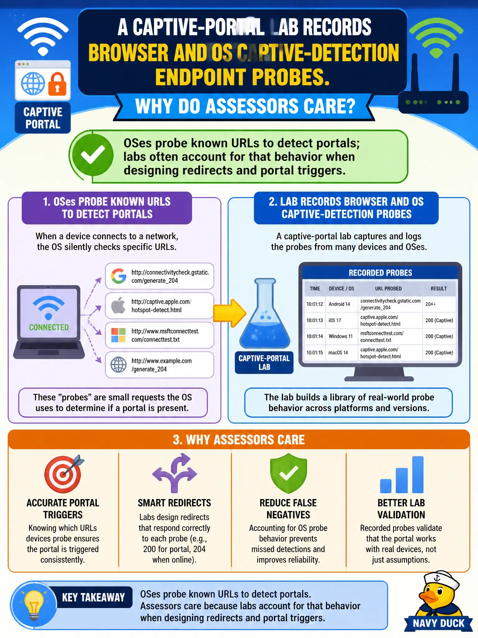 To Create an exciting colorful infographic that explains the concepts in the question: Question: A captive-portal lab records browser and OS captive-detection endpoint probes. Why do assessors care about those probes? Correct Answer: OSes probe known URLs to detect portals; labs often account for that behavior when designing redirects and portal triggers. Put EVERY visible label in double quotes. No people. No A/B/C/D letters. In one of the four corners put a little "Navy Duck".