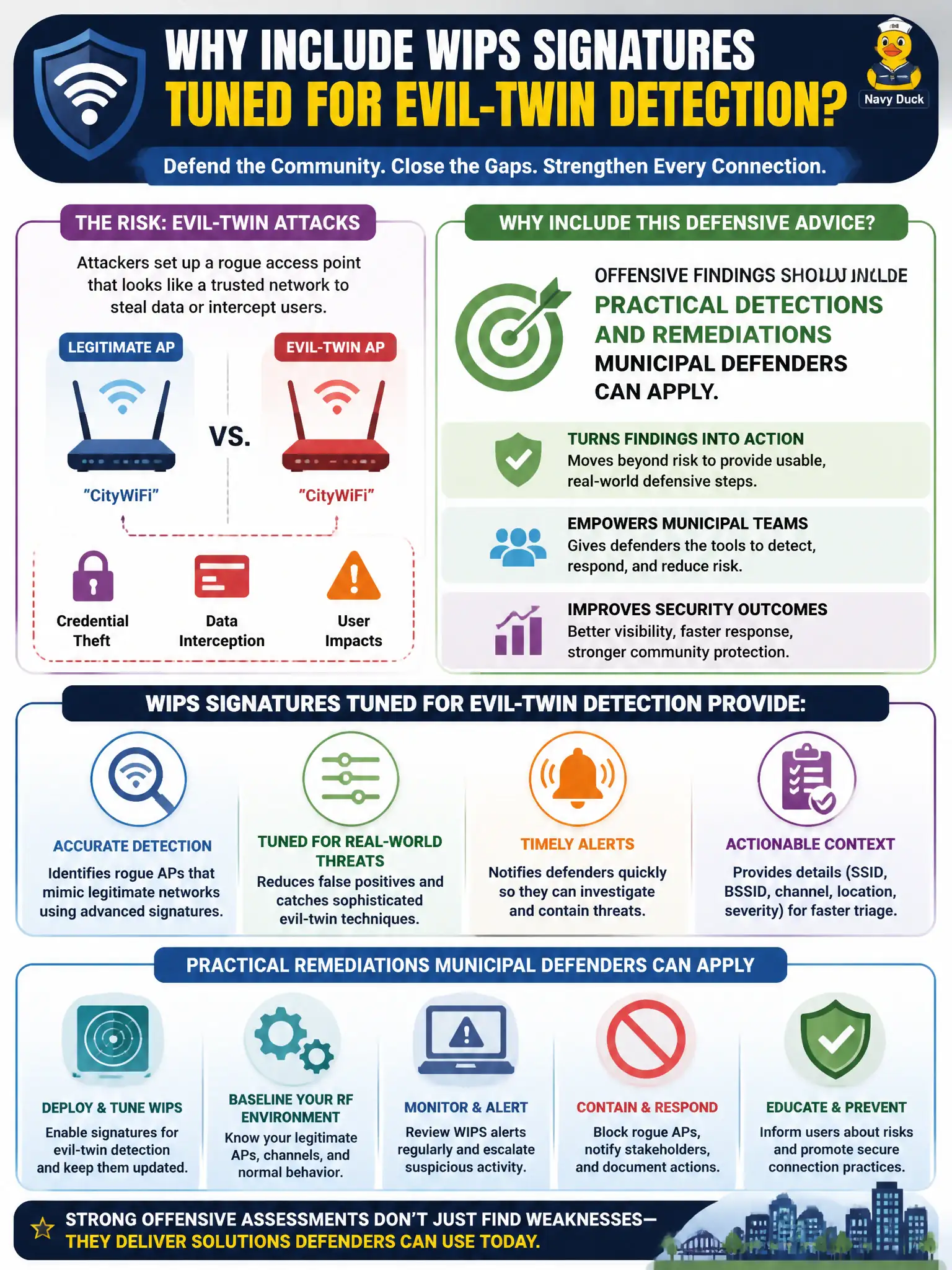 To Create an exciting colorful infographic that explains the concepts in the question: Question: A municipal wireless assessment report recommends WIPS signatures tuned for evil-twin detection. Why include that defensive advice? Correct Answer: Offensive findings should include practical detections and remediations municipal defenders can apply. Put EVERY visible label in double quotes. No people. No A/B/C/D letters. In one of the four corners put a little "Navy Duck".