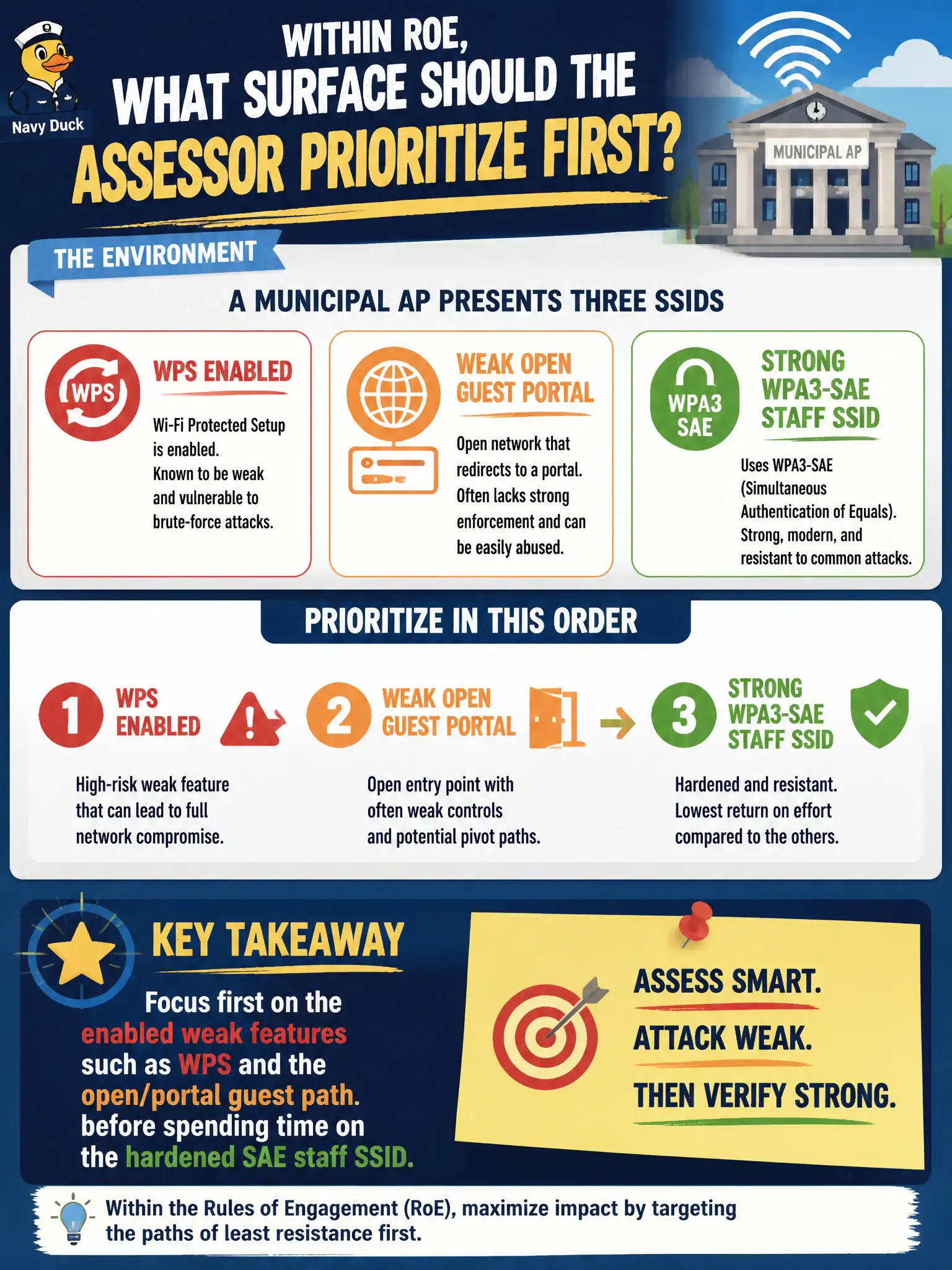 To Create an exciting colorful infographic that explains the concepts in the question: Question: A municipal AP presents WPS enabled, a weak open guest portal, and a strong WPA3-SAE staff SSID. Within RoE, which surface should the assessor prioritize first? Correct Answer: Prioritize the enabled weak features such as WPS and the open/portal guest path before spending time on the hardened SAE staff SSID. Put EVERY visible label in double quotes. No people. No A/B/C/D letters. In one of the four corners put a little "Navy Duck".