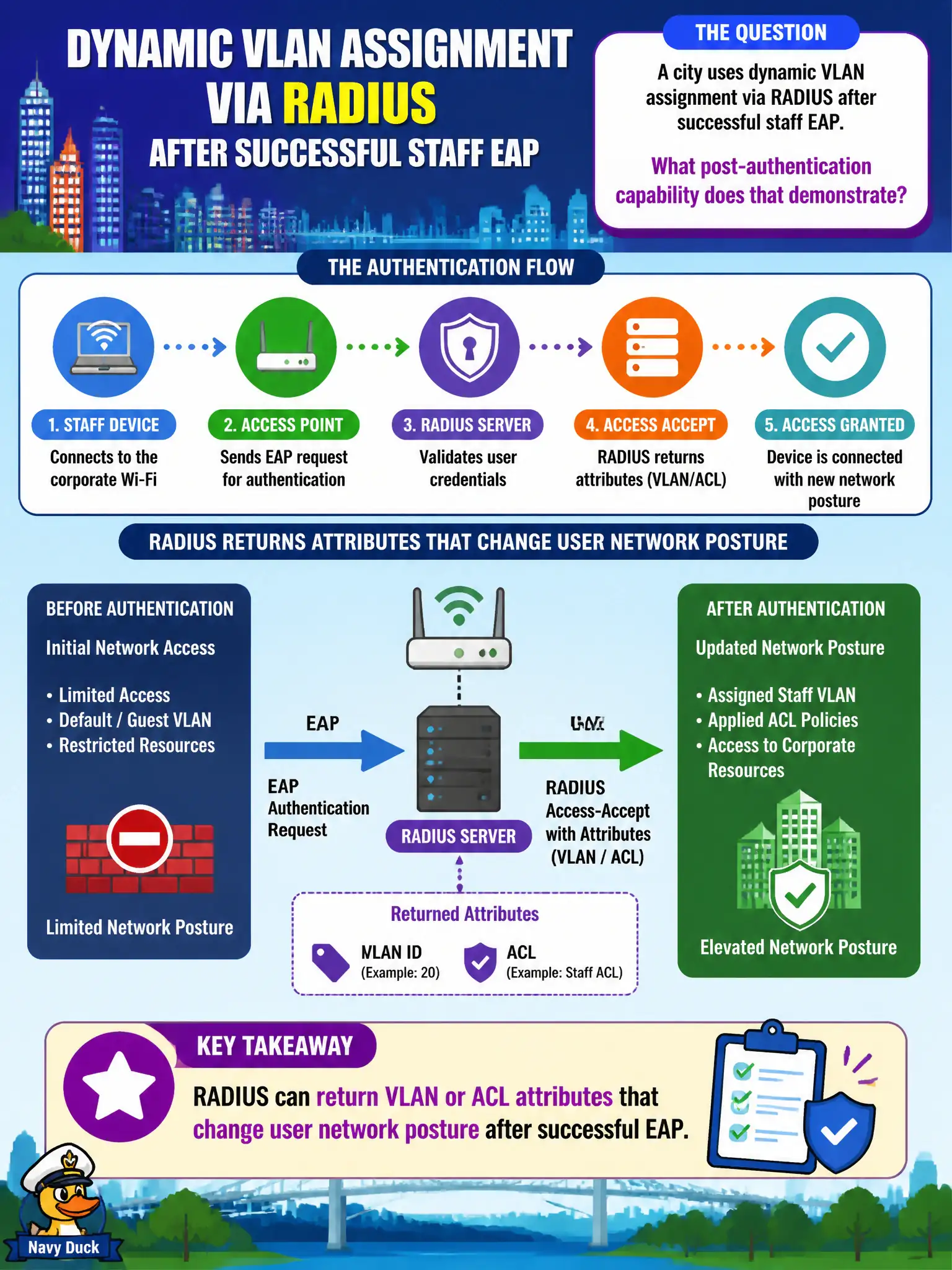 To Create an exciting colorful infographic that explains the concepts in the question: Question: A city uses dynamic VLAN assignment via RADIUS after successful staff EAP. What post-authentication capability does that demonstrate? Correct Answer: RADIUS can return VLAN or ACL attributes that change user network posture after successful EAP. Put EVERY visible label in double quotes. No people. No A/B/C/D letters. In one of the four corners put a little "Navy Duck".