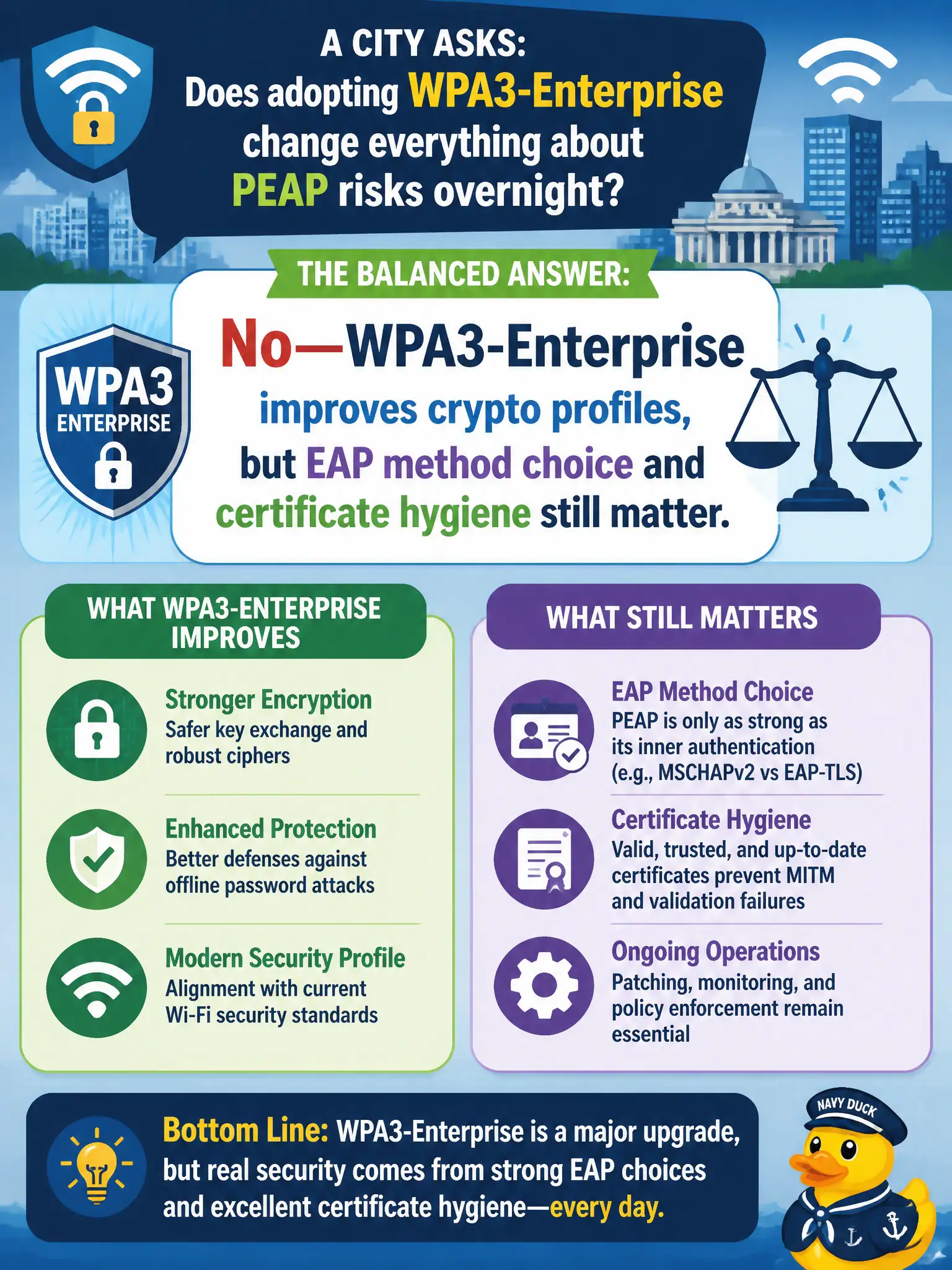To Create an exciting colorful infographic that explains the concepts in the question: Question: A city asks whether adopting WPA3-Enterprise changes everything about PEAP risks overnight. What balanced answer should advisors give? Correct Answer: No—WPA3-Enterprise improves crypto profiles, but EAP method choice and certificate hygiene still matter. Put EVERY visible label in double quotes. No people. No A/B/C/D letters. In one of the four corners put a little "Navy Duck".