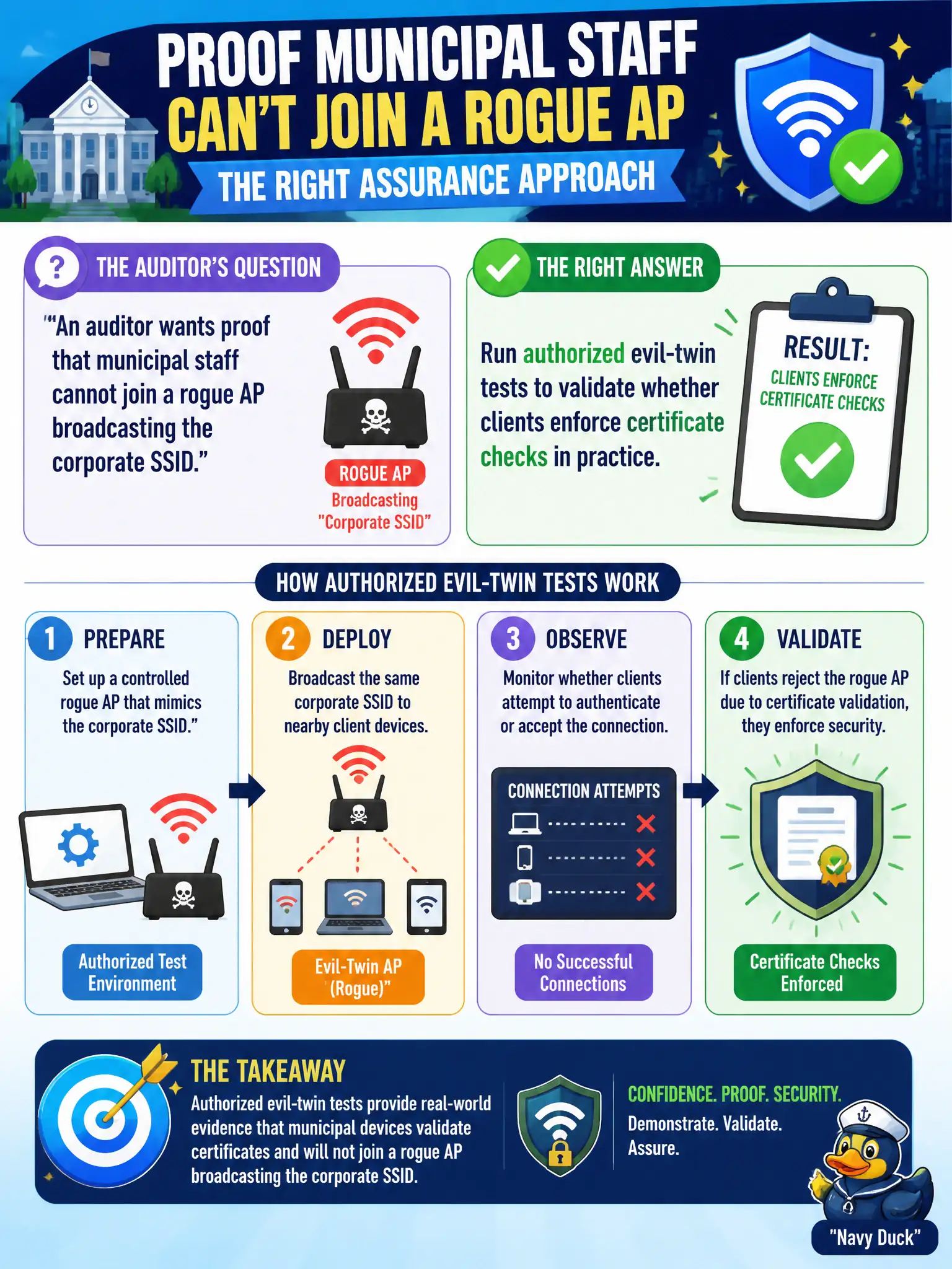 To Create an exciting colorful infographic that explains the concepts in the question: Question: An auditor wants proof that municipal staff cannot join a rogue AP broadcasting the corporate SSID. What assurance approach fits? Correct Answer: Run authorized evil-twin tests to validate whether clients enforce certificate checks in practice. Put EVERY visible label in double quotes. No people. No A/B/C/D letters. In one of the four corners put a little "Navy Duck".